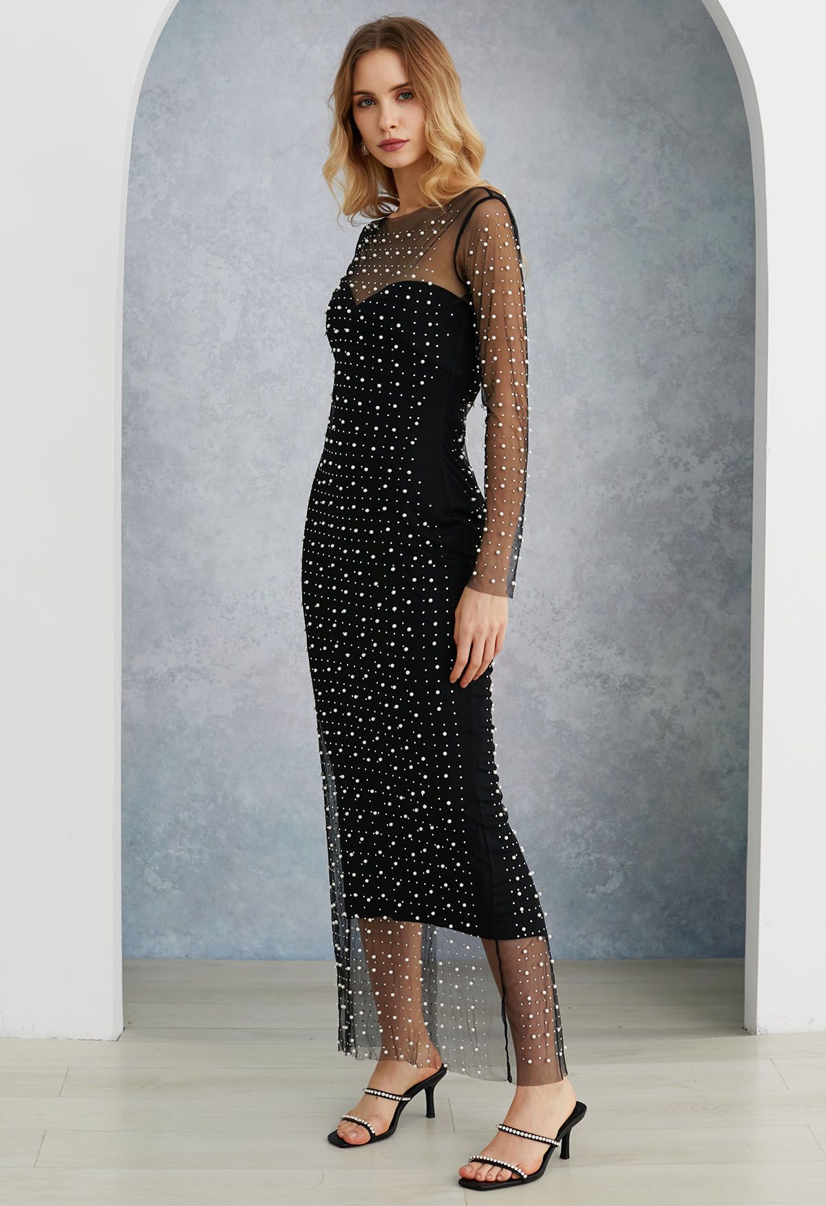 Full Pearl Embellished Sheer Mesh Cover-Up Maxi Dress in Black