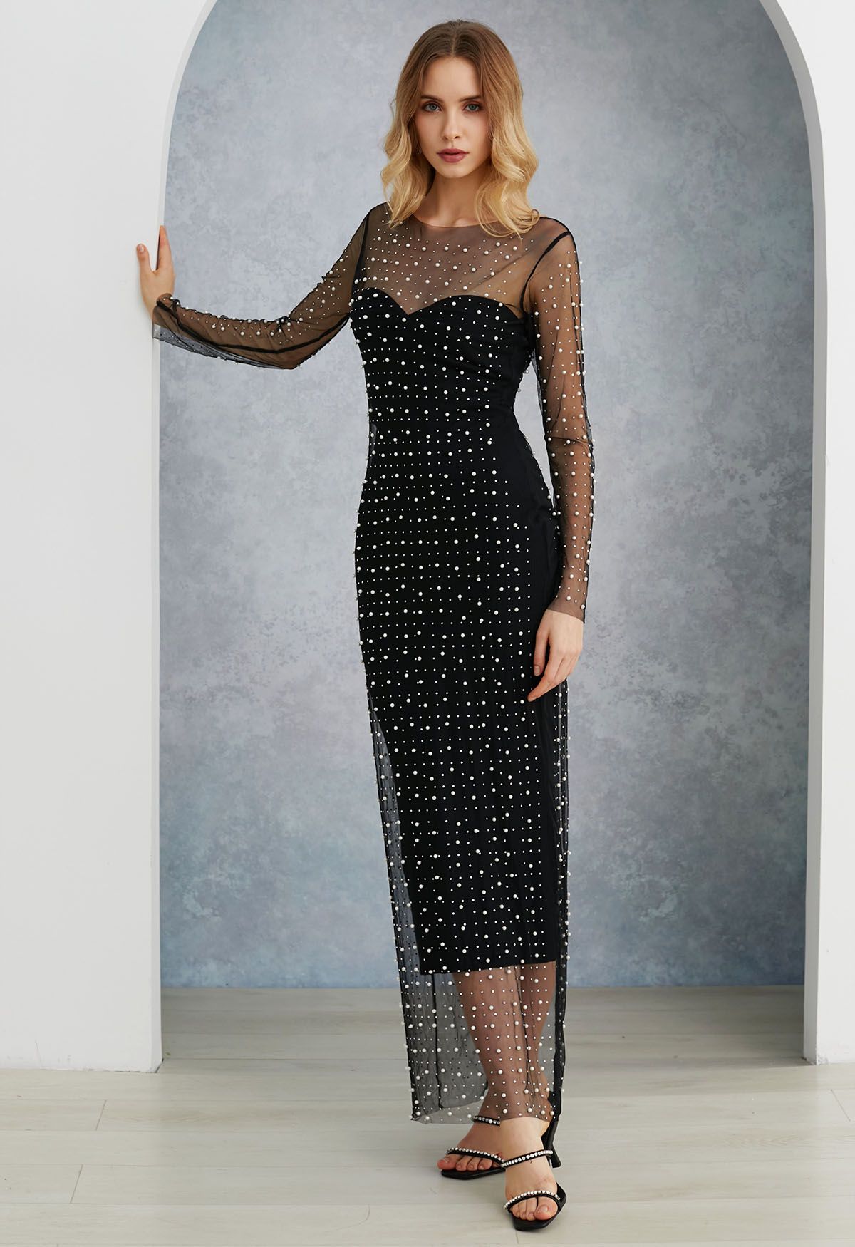 Full Pearl Embellished Sheer Mesh Cover Up Maxi Dress in Black Retro Indie and Unique Fashion