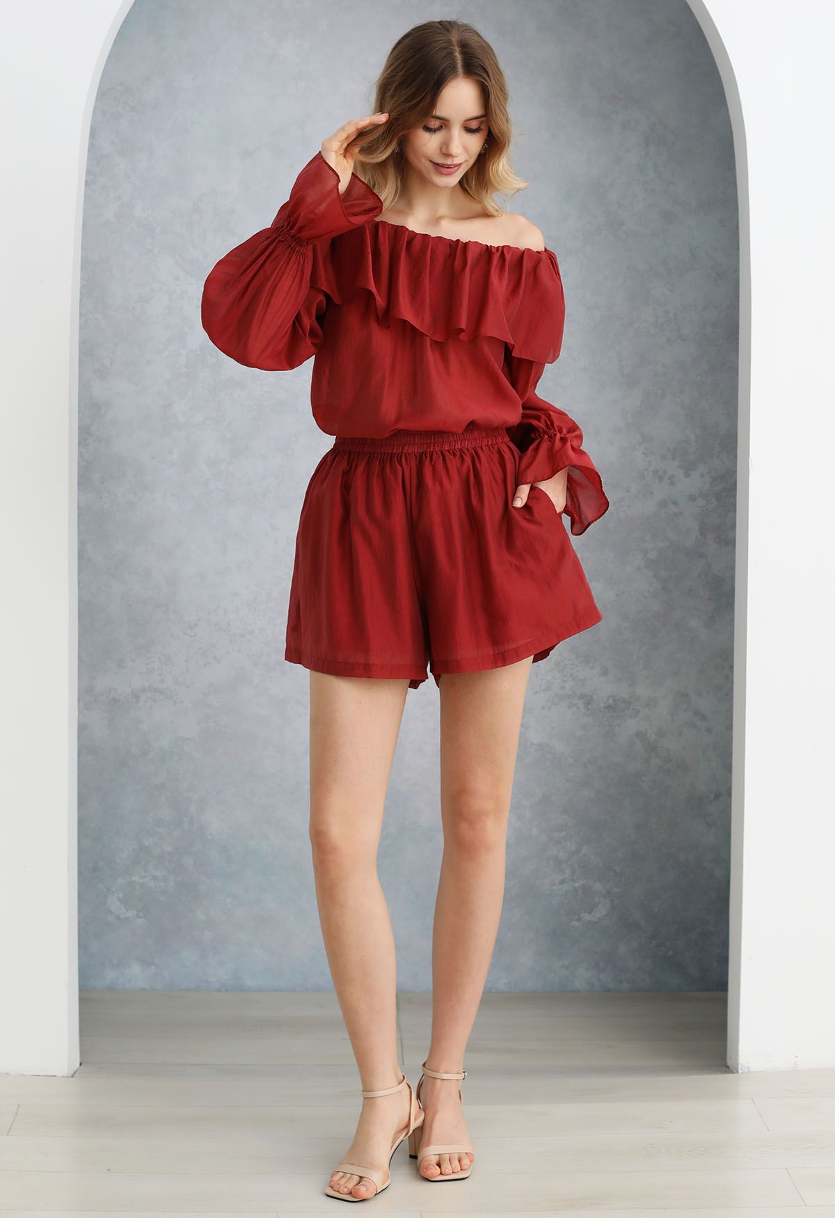 Red ruffle top off shoulder online