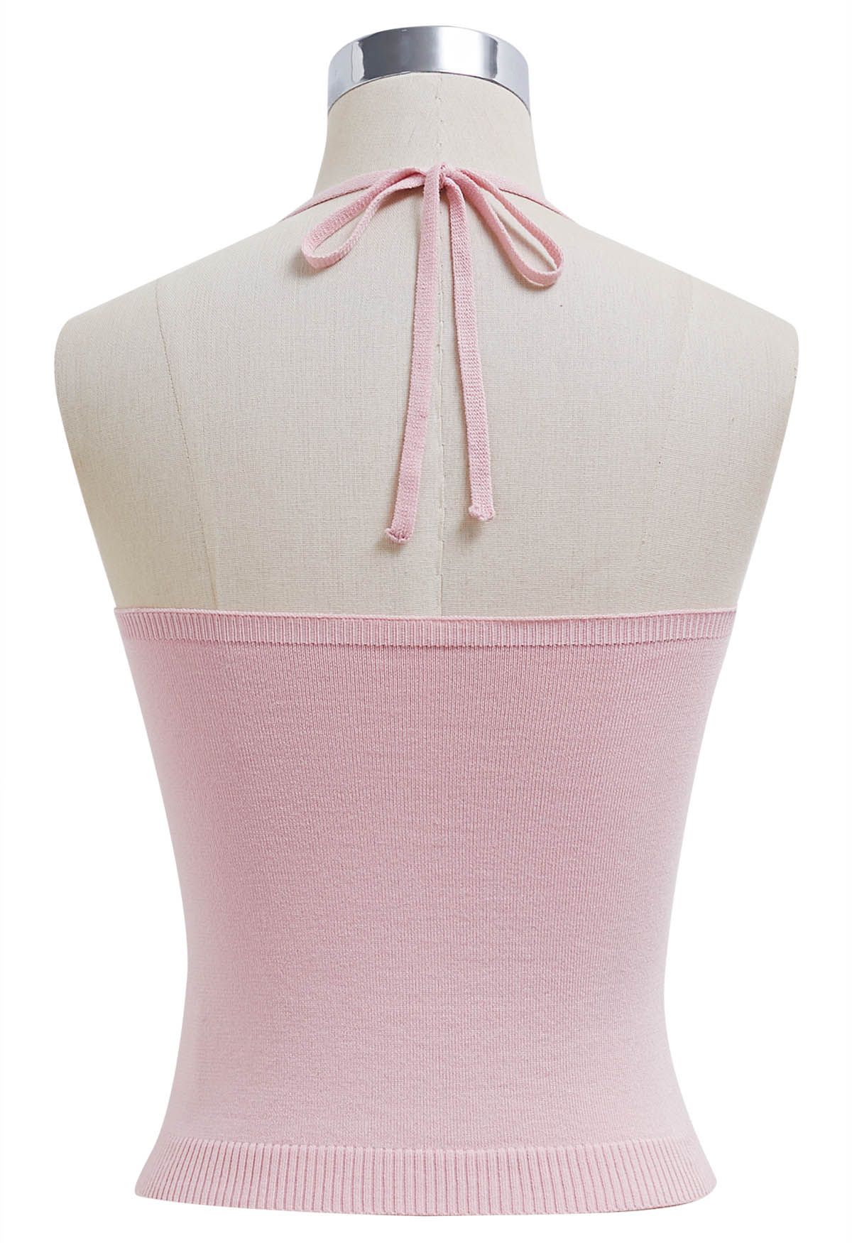 Pintuck Detail Halter Knit Top in Pink - Retro, Indie and Unique Fashion