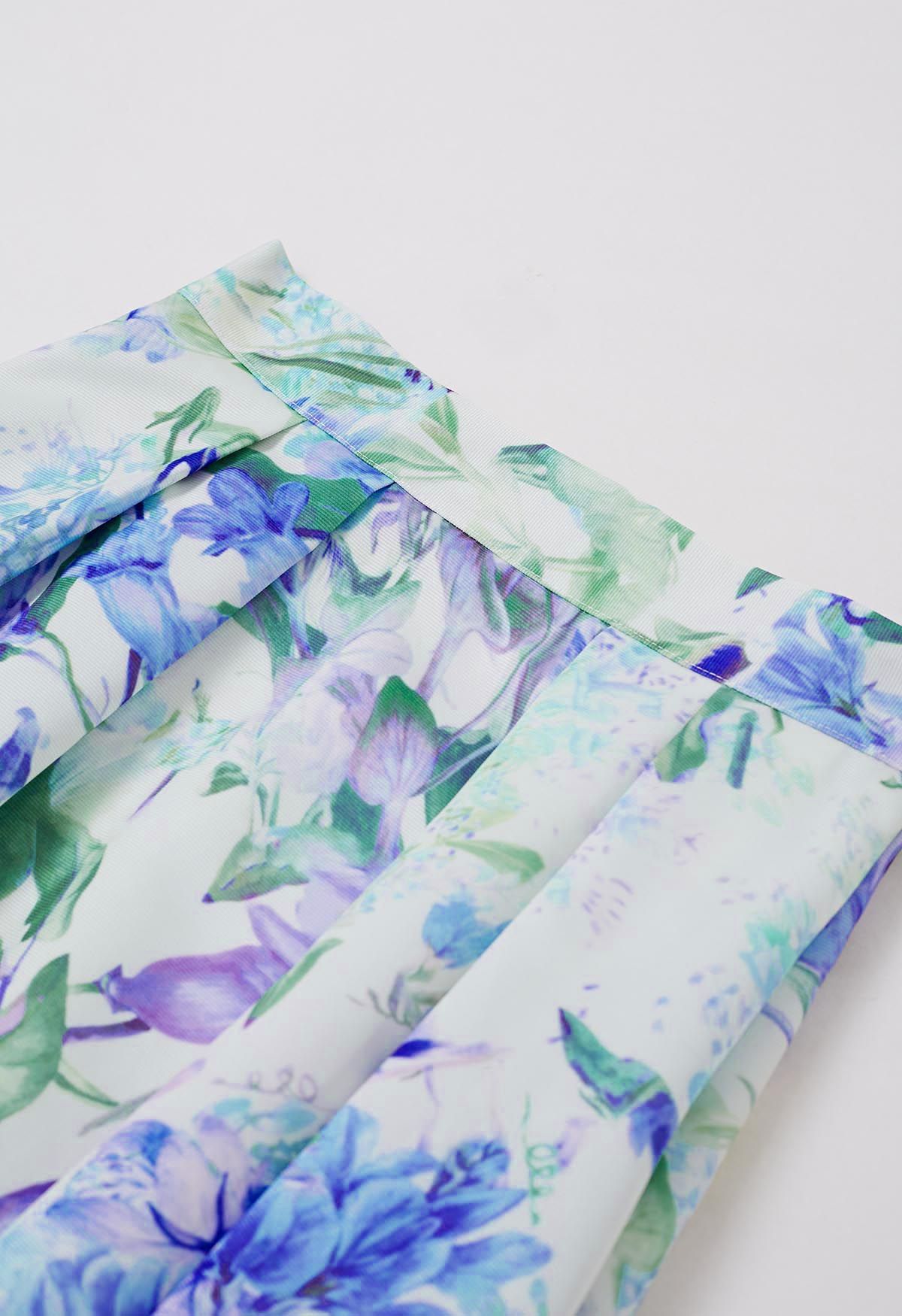 Charismatic Blue Blossom Pleated Midi Skirt