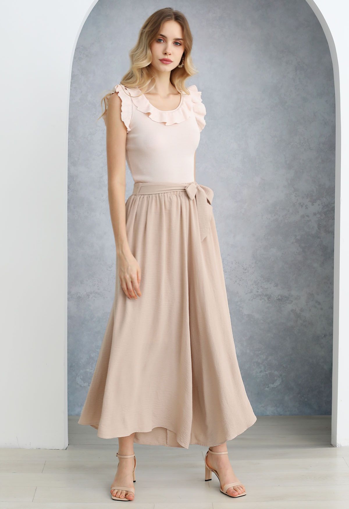 Ethereal Ruffle Sleeveless Knit Top in Light Pink