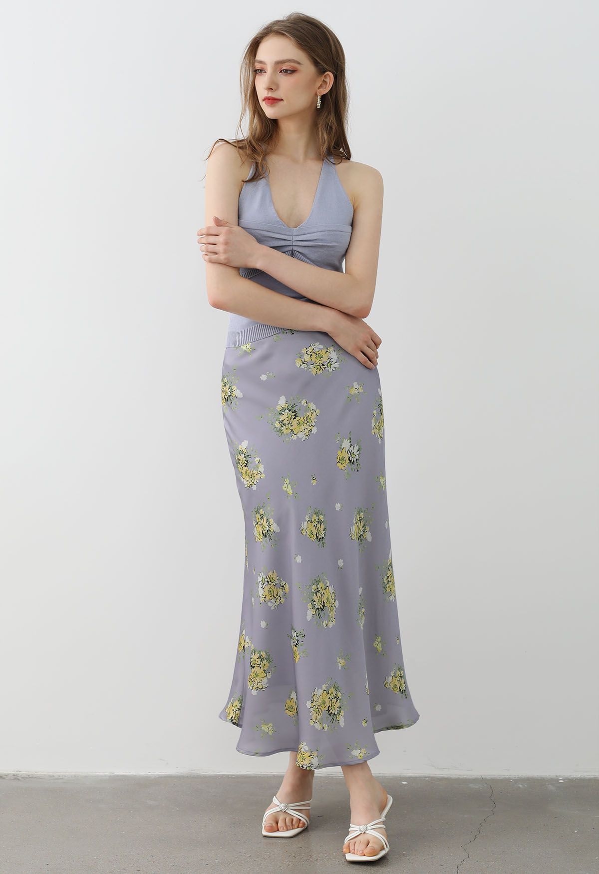 Summery Posy Print Maxi Skirt in Lavender