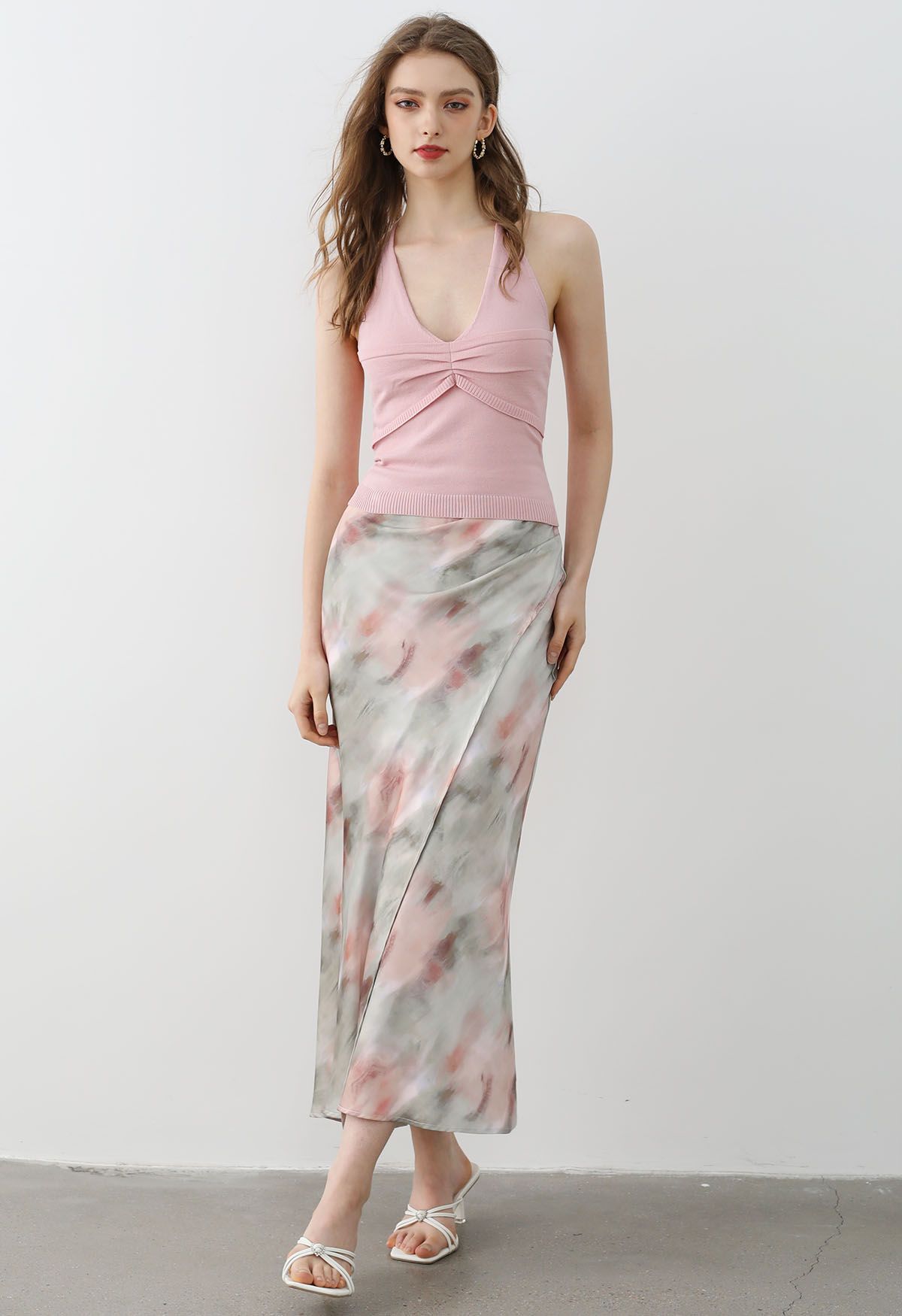 Watercolor Print Asymmetric Flap Maxi Skirt