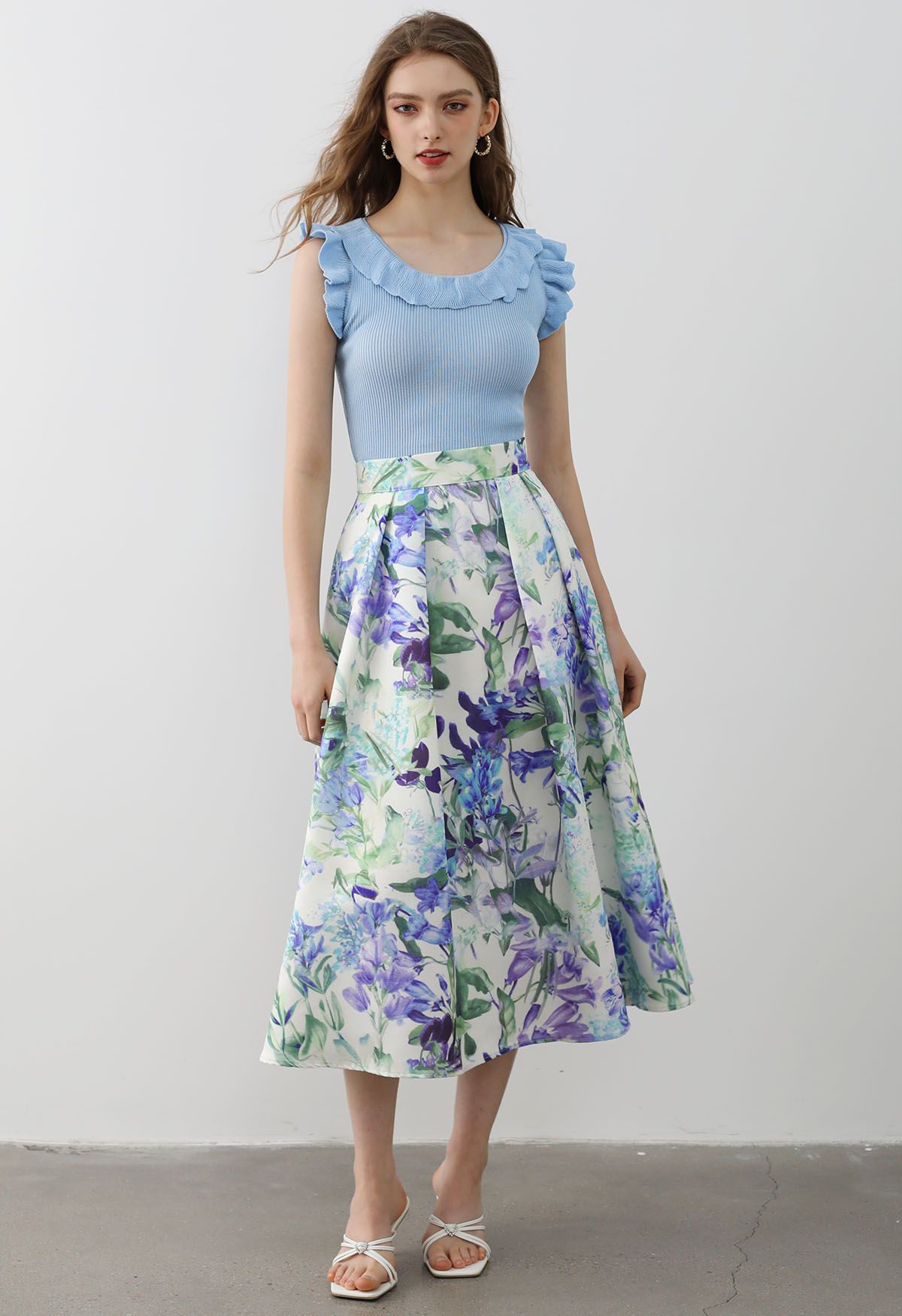 Charismatic Blue Blossom Pleated Midi Skirt