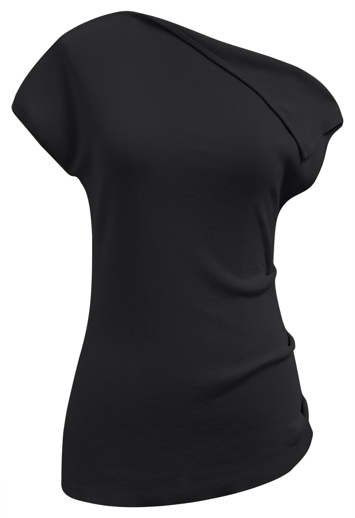 Asymmetric Folded Collar Knit Top in Black