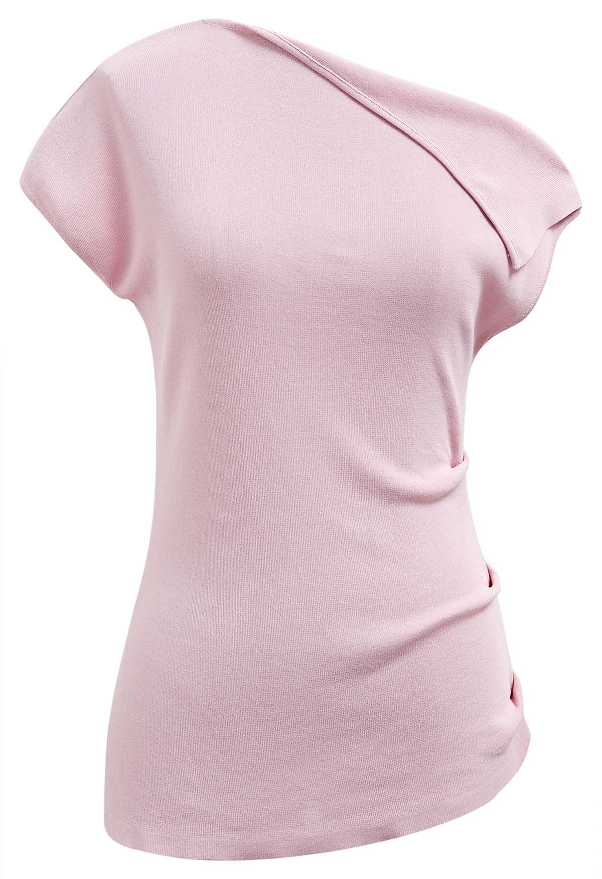 Asymmetric Folded Collar Knit Top in Pink