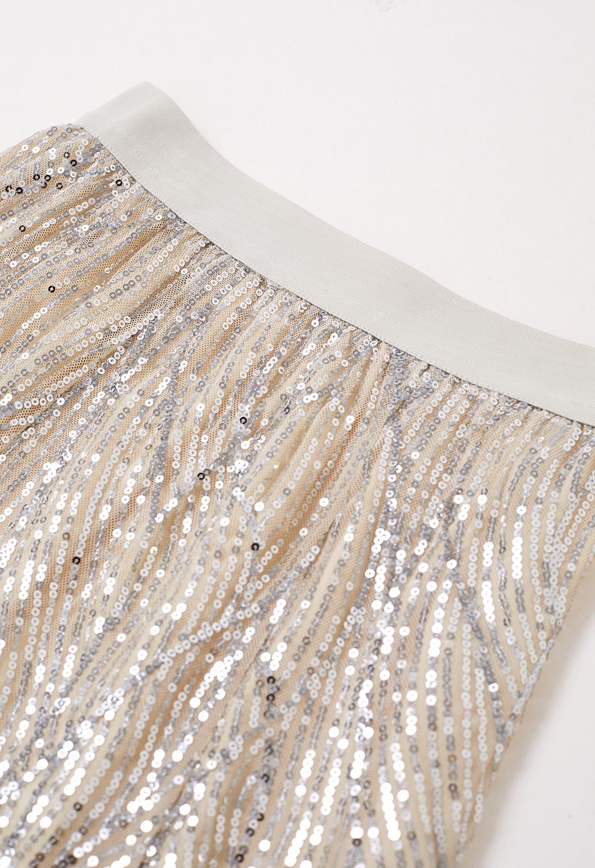 Luster Sequin Frilling Midi Skirt in Ivory