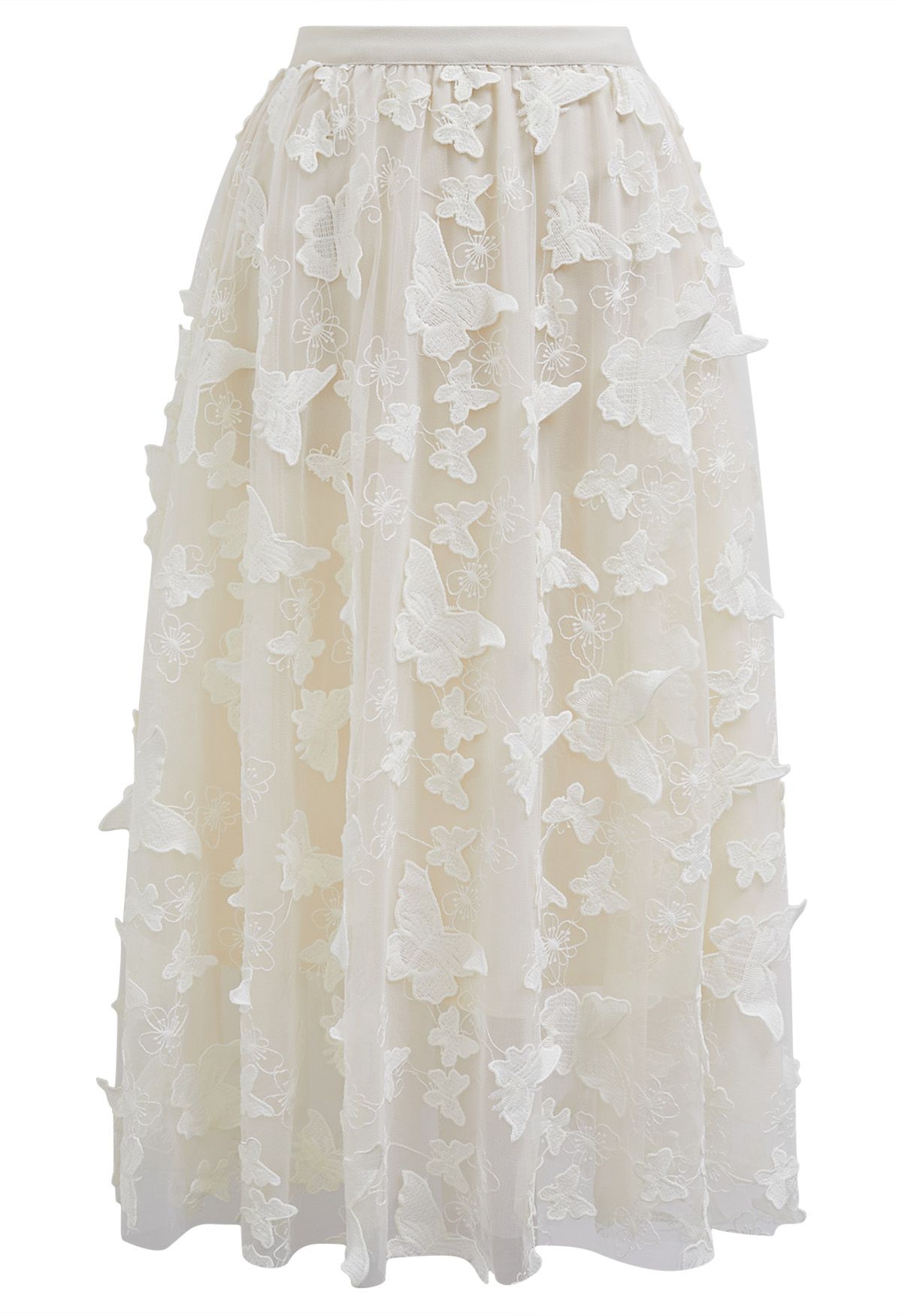 Loveliness 3D Butterfly Embroidered Mesh Tulle Midi Skirt in Cream