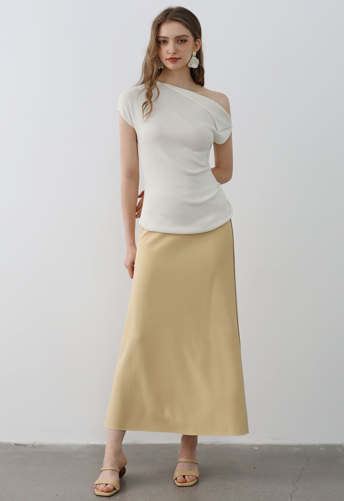 Asymmetric Folded Collar Knit Top in Cream