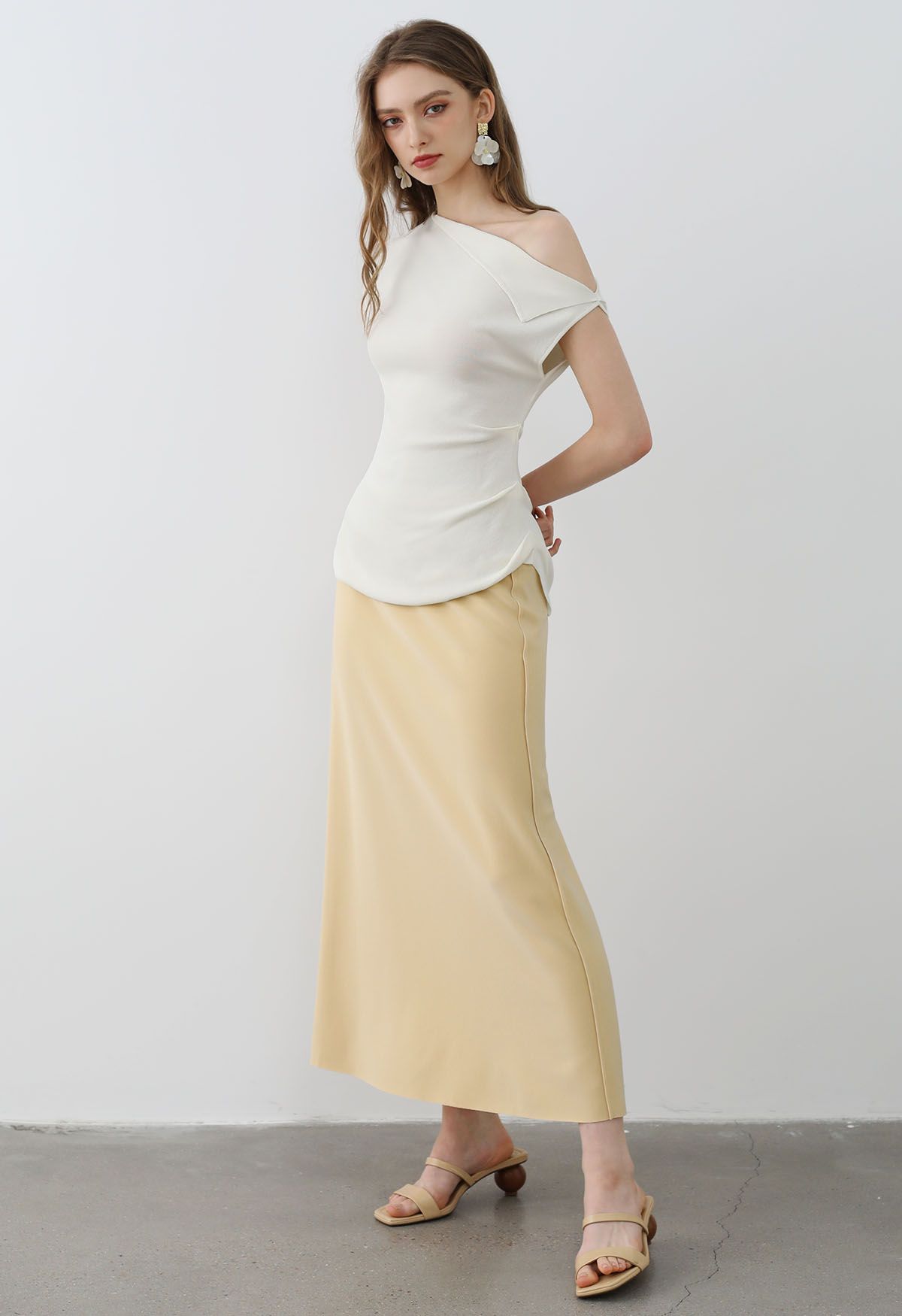 Asymmetric Folded Collar Knit Top in Cream