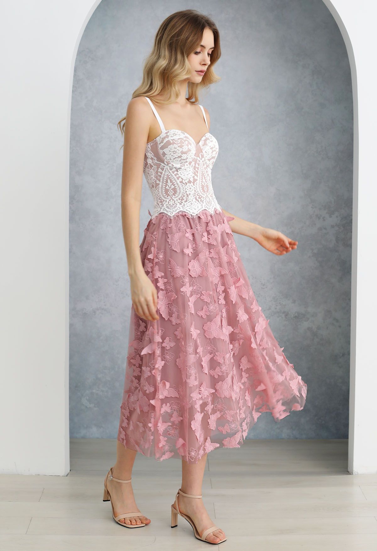 Loveliness 3D Butterfly Embroidered Mesh Tulle Midi Skirt in Pink