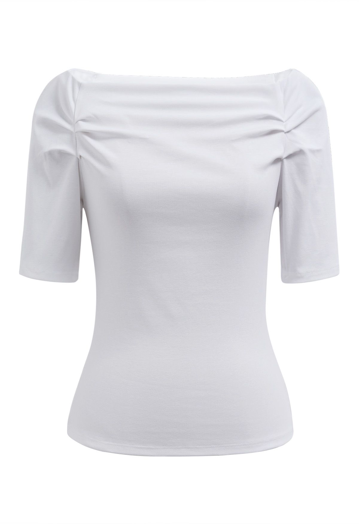 Off-Shoulder Ruched Short Sleeve Top in White