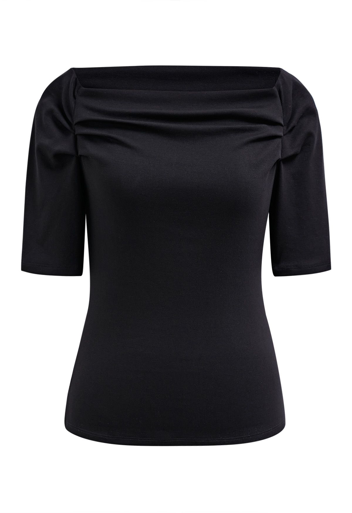 Off-Shoulder Ruched Short Sleeve Top in Black