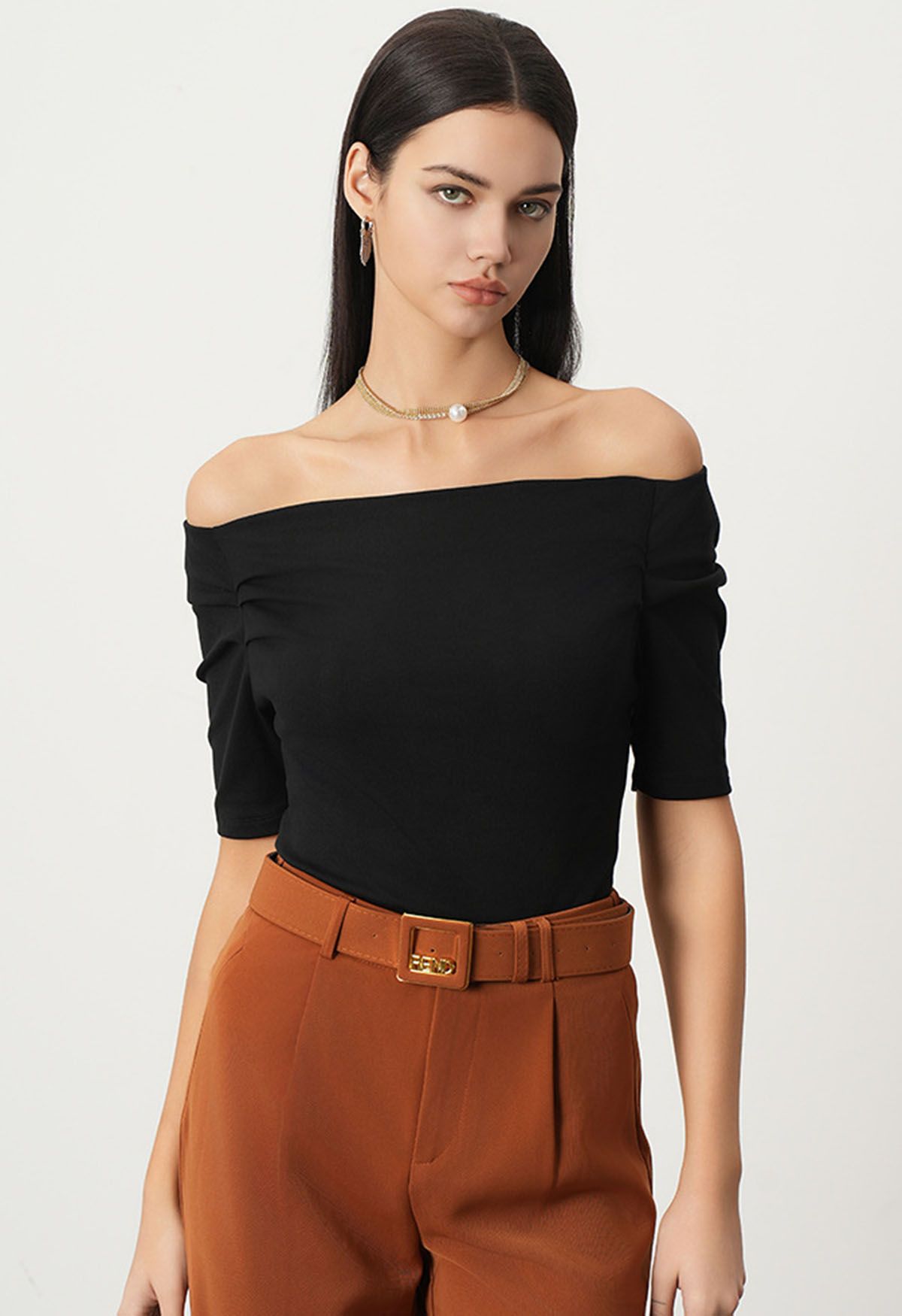 Off-Shoulder Ruched Short Sleeve Top in Black