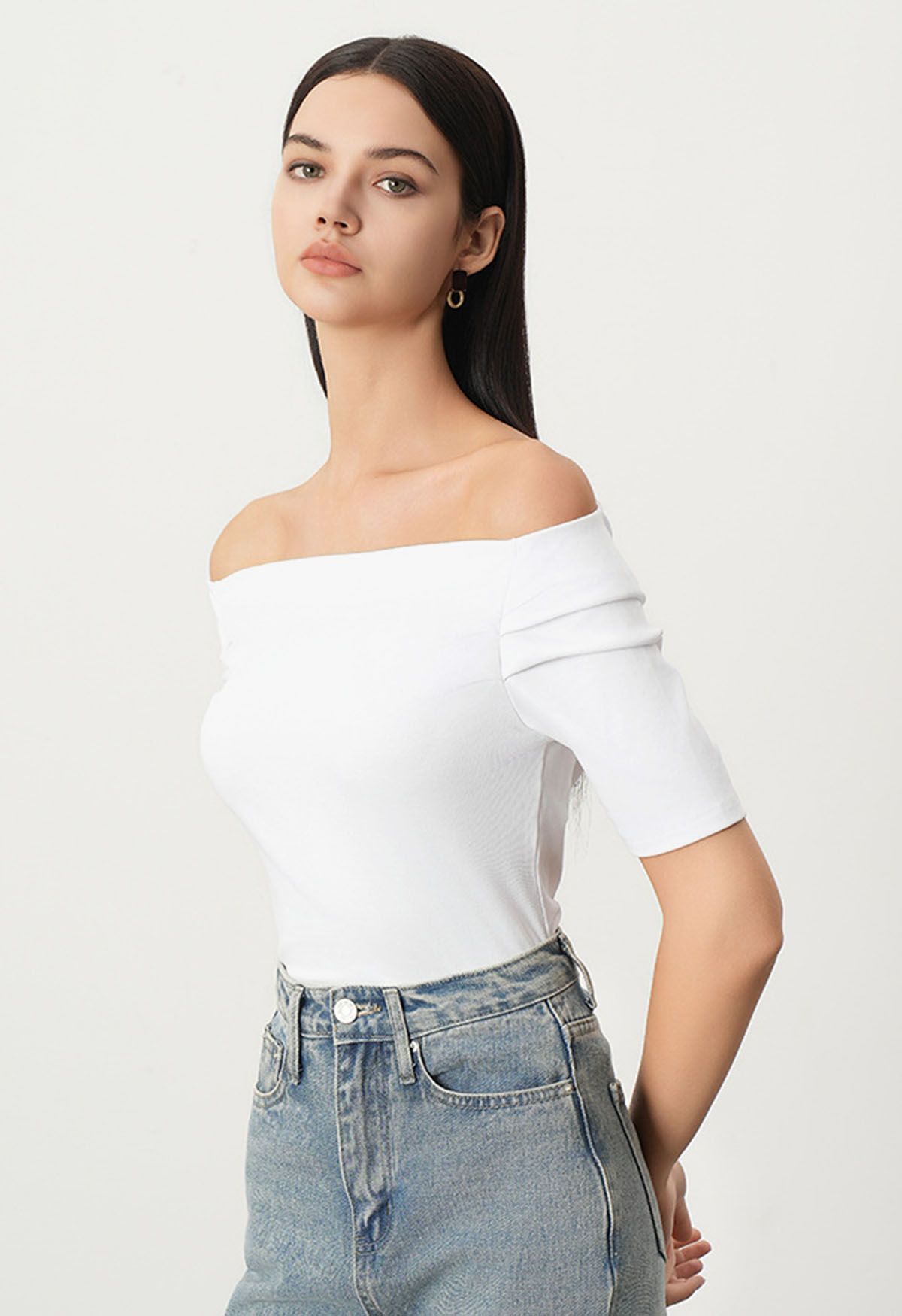 Off-Shoulder Ruched Short Sleeve Top in White