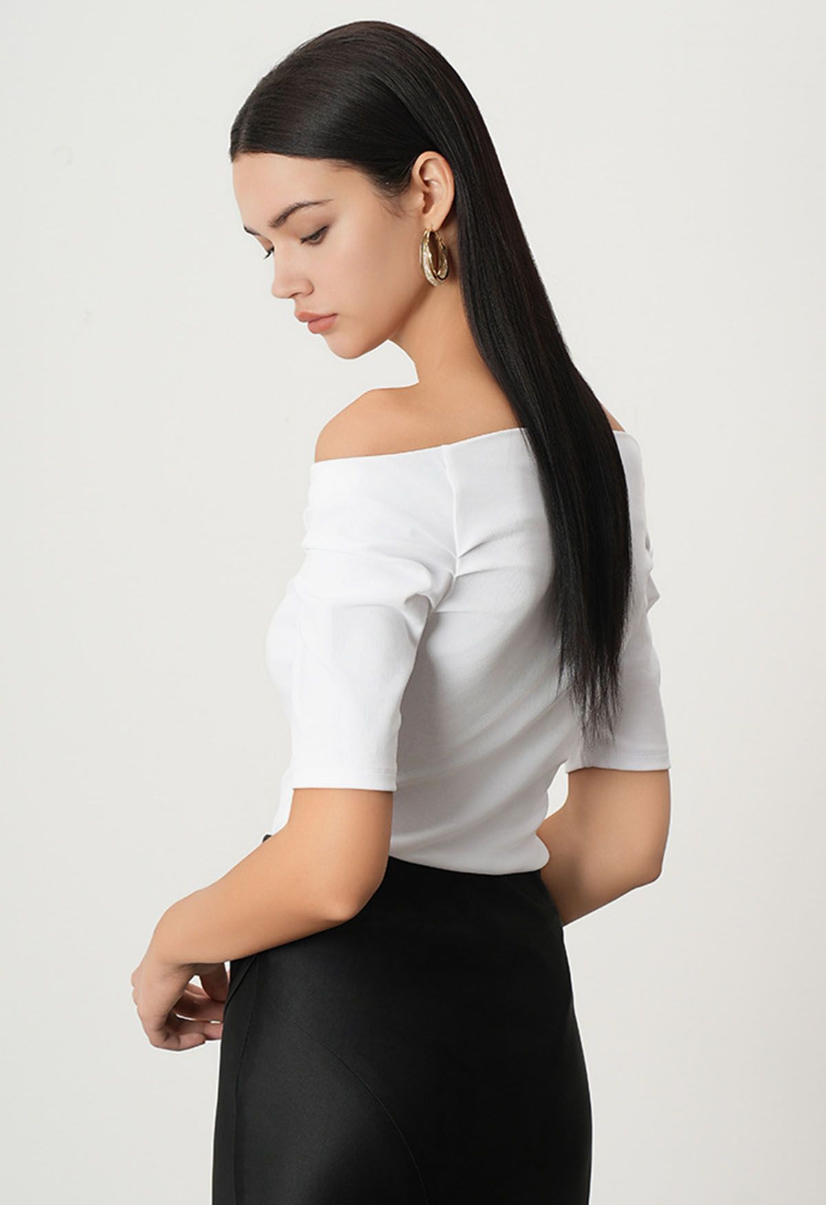 Off-Shoulder Ruched Short Sleeve Top in White