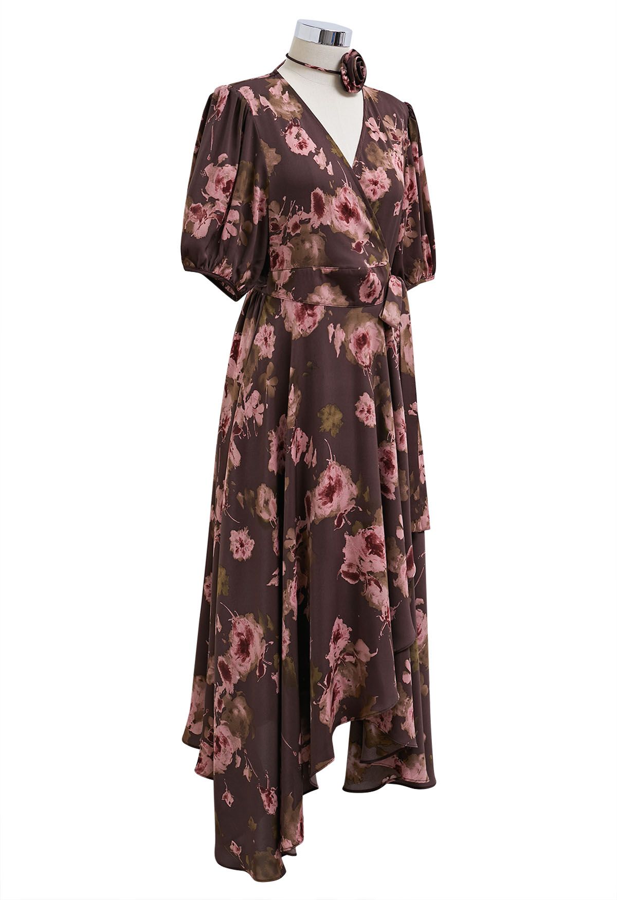 Vintage Bloom Asymmetric Wrap Midi Dress with Choker