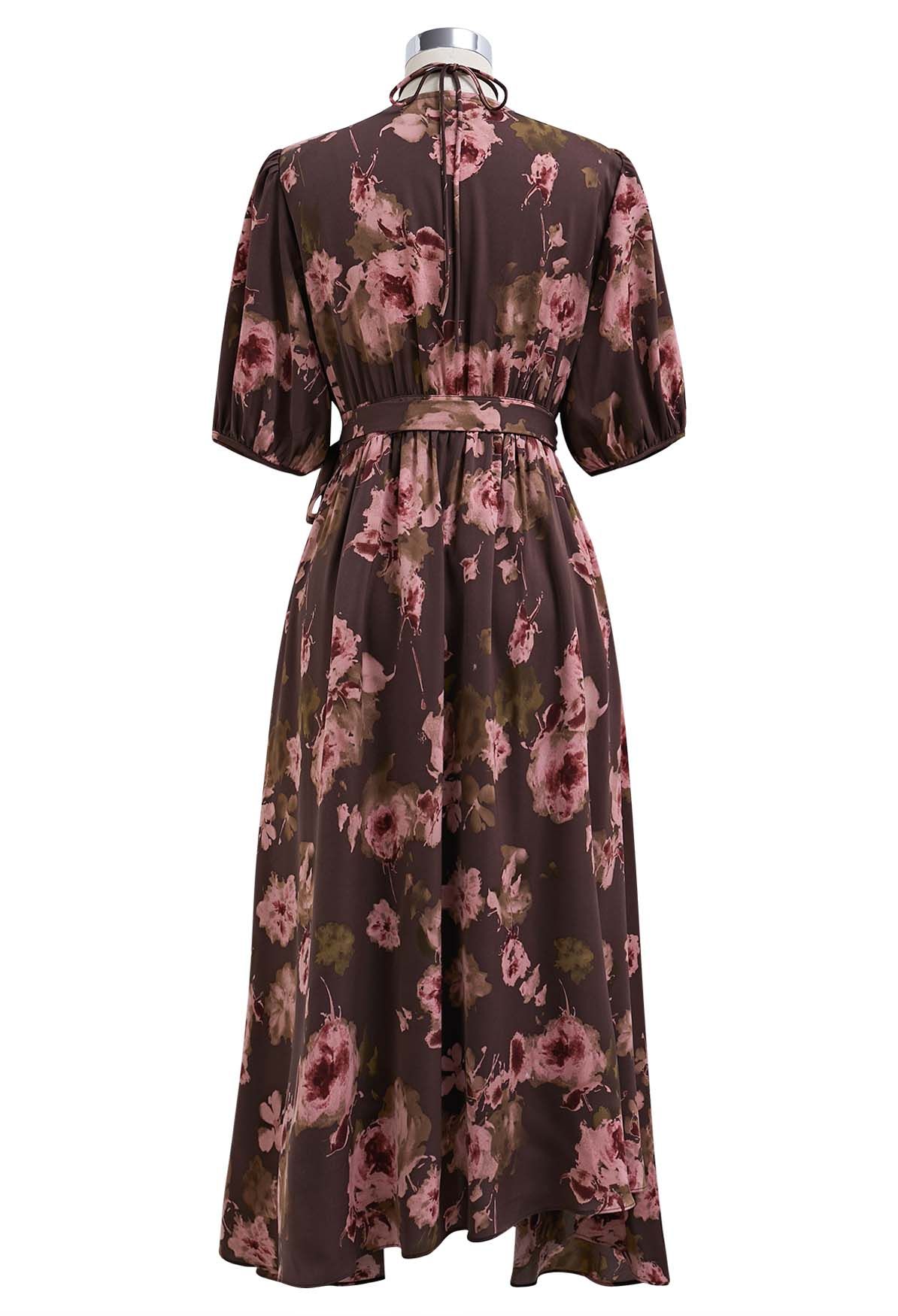 Vintage Bloom Asymmetric Wrap Midi Dress with Choker