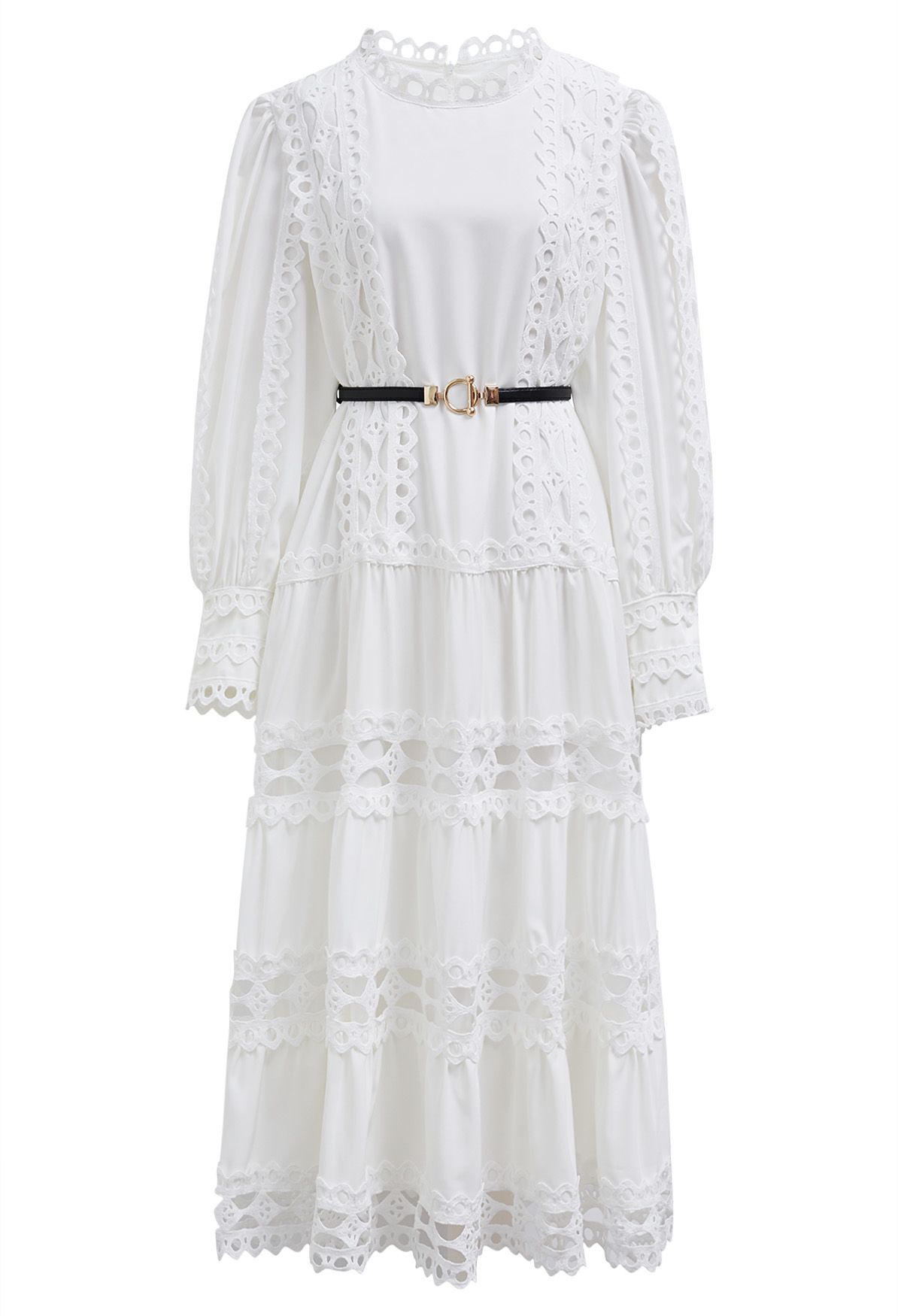 Belted Cutwork Lace Trim Bubble Sleeve Midi Dress in White