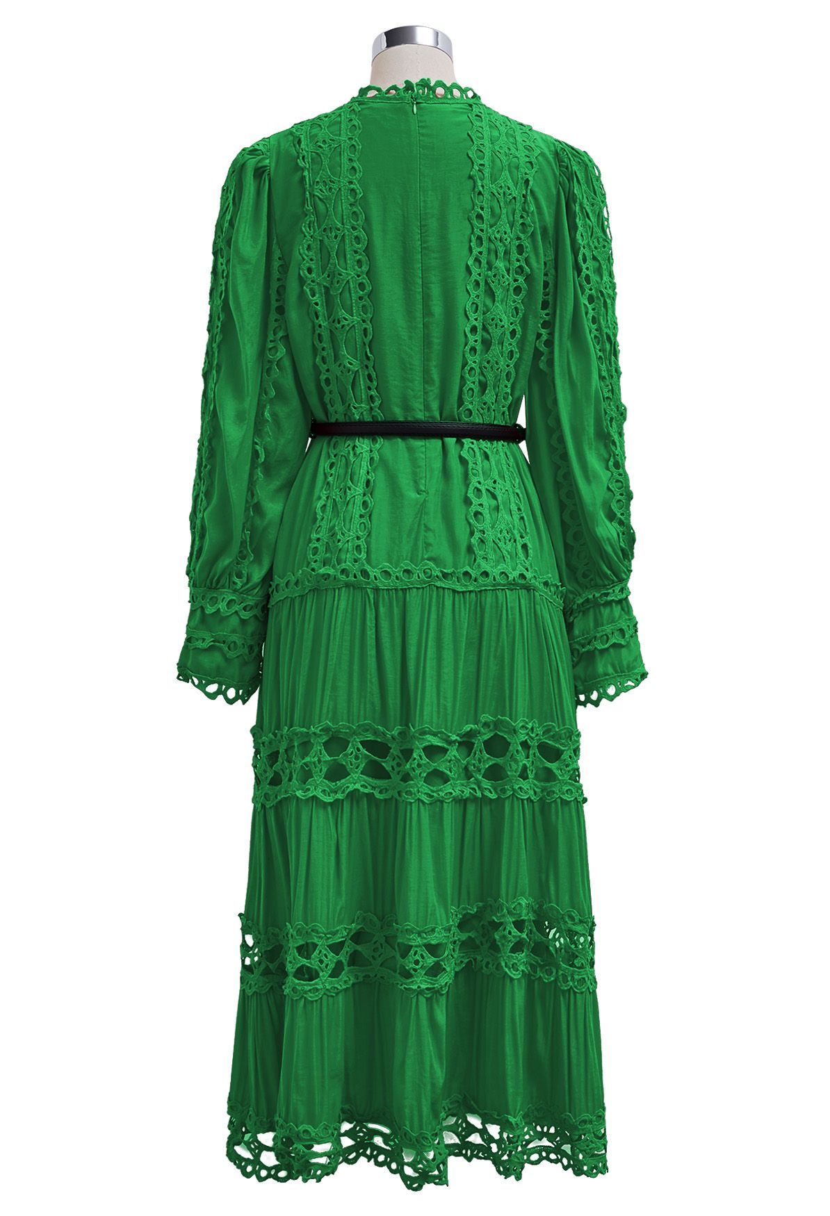 Belted Cutwork Lace Trim Bubble Sleeve Midi Dress in Green