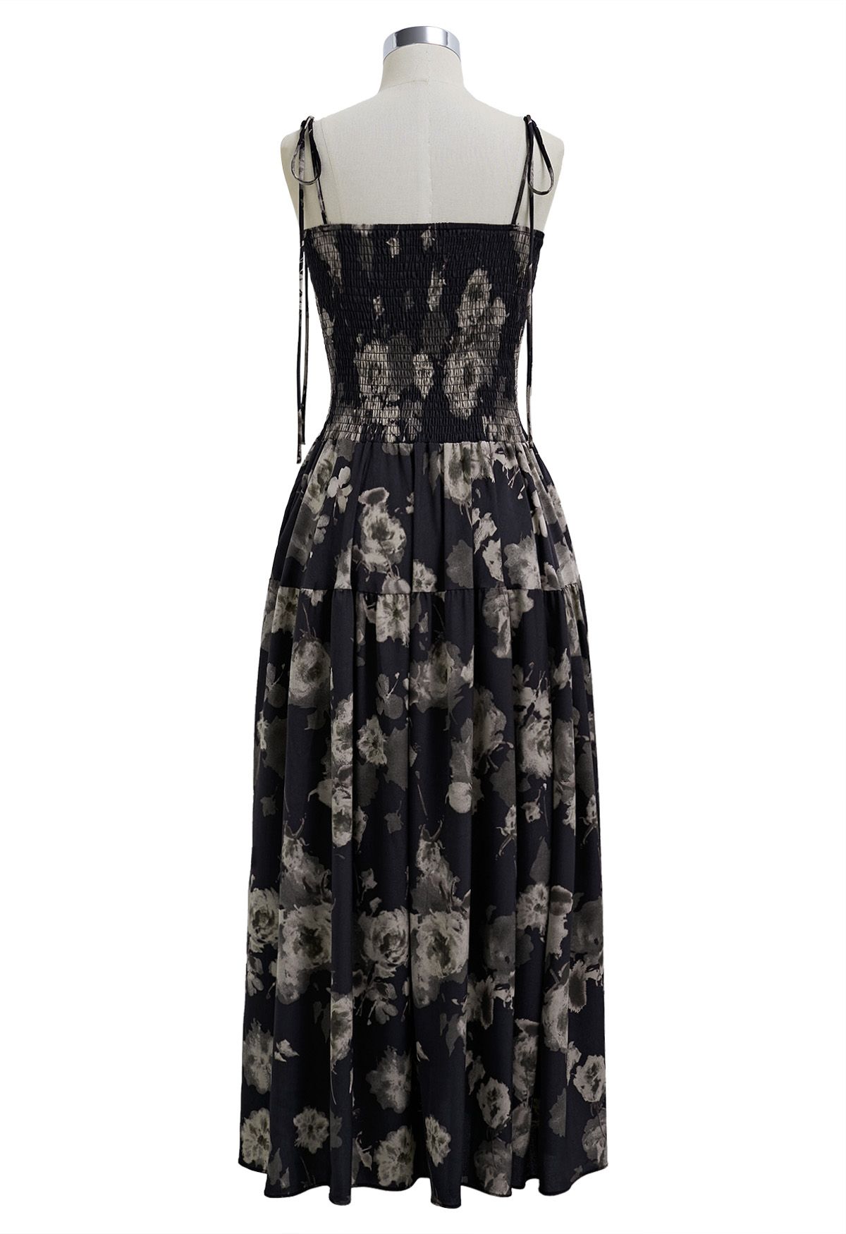 Floral Tie-Shoulder Shirring Midi Dress in Black