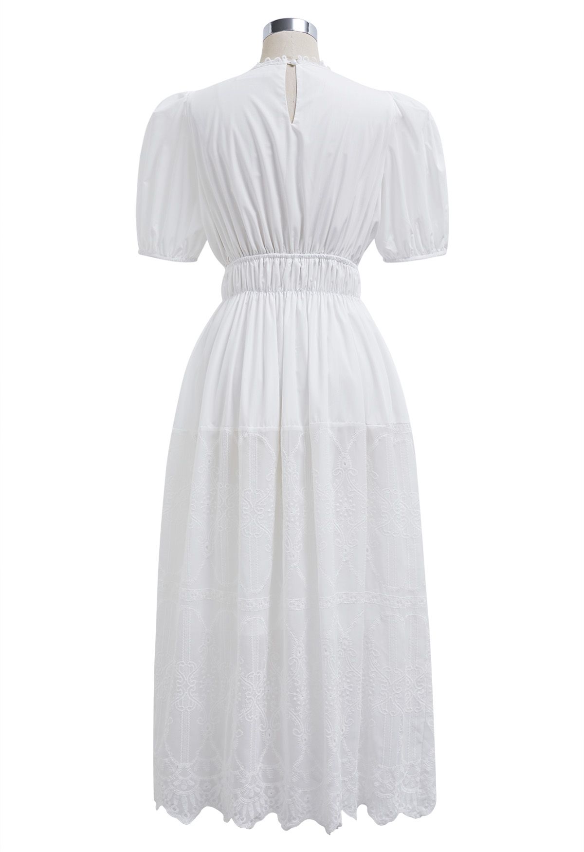 Embroidery Spliced V-Neck Puff Short Sleeves Dress in White