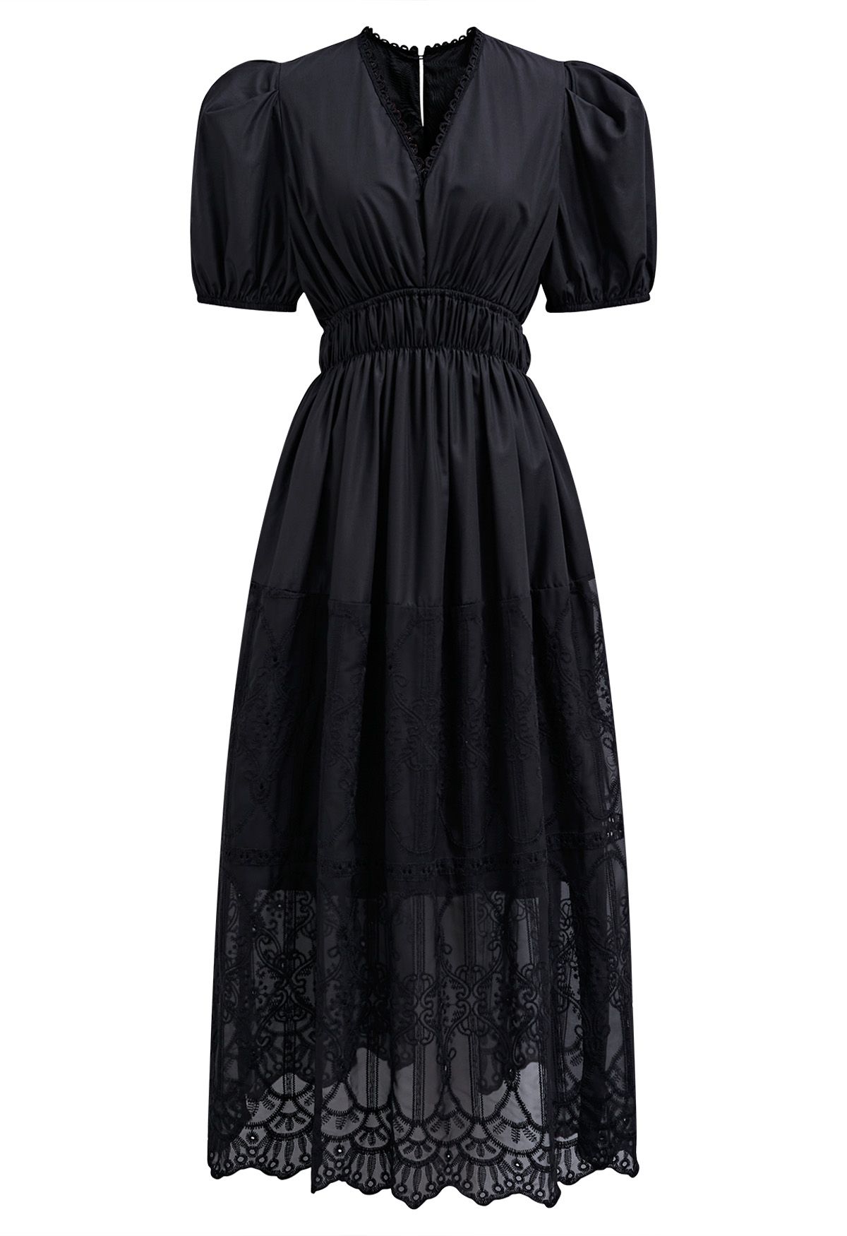 Embroidery Spliced V-Neck Puff Short Sleeves Dress in Black