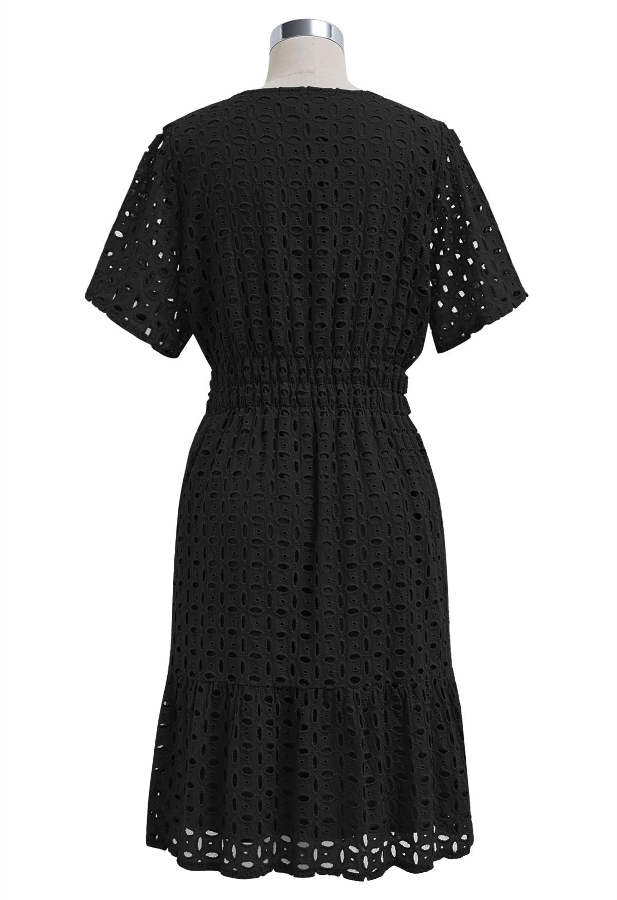 Eyelet Embroidery V-Neck Cotton Dress in Black