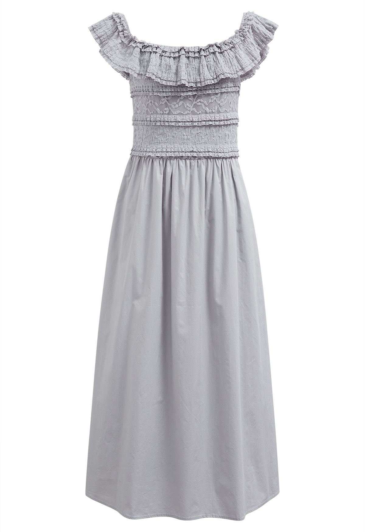 Tiered Lace Off-Shoulder Spliced Dress in Grey