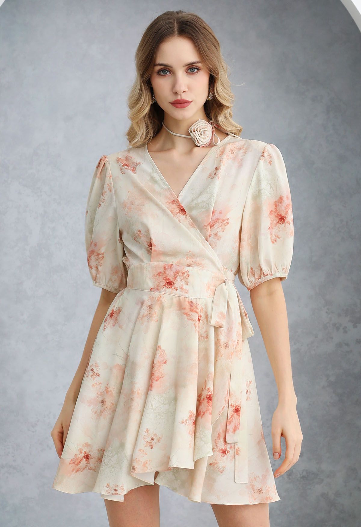 Watercolor Coral Floral Wrap Mini Dress with Choker - Retro, Indie and  Unique Fashion