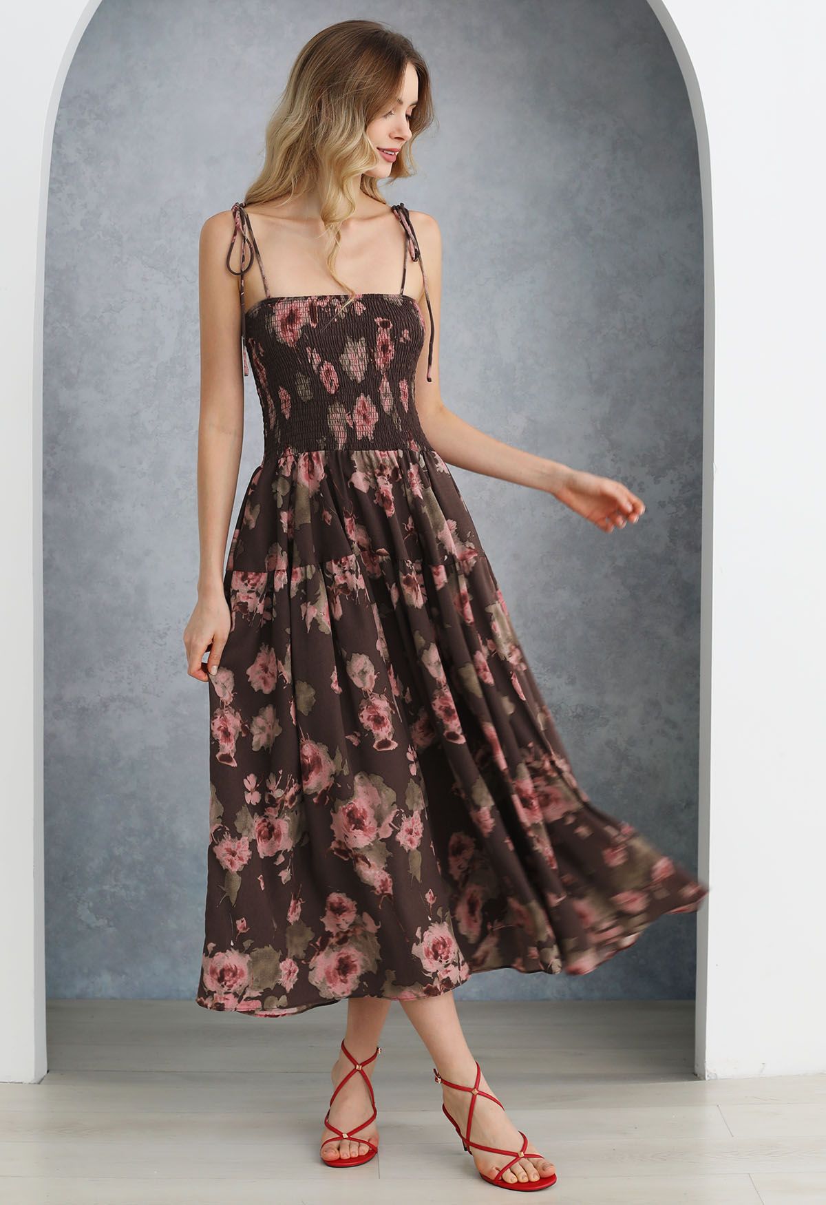 Floral Tie-Shoulder Shirring Midi Dress in Burgundy