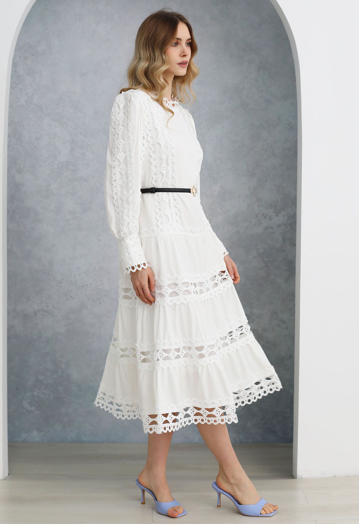 Belted Cutwork Lace Trim Bubble Sleeve Midi Dress in White - Retro, Indie  and Unique Fashion