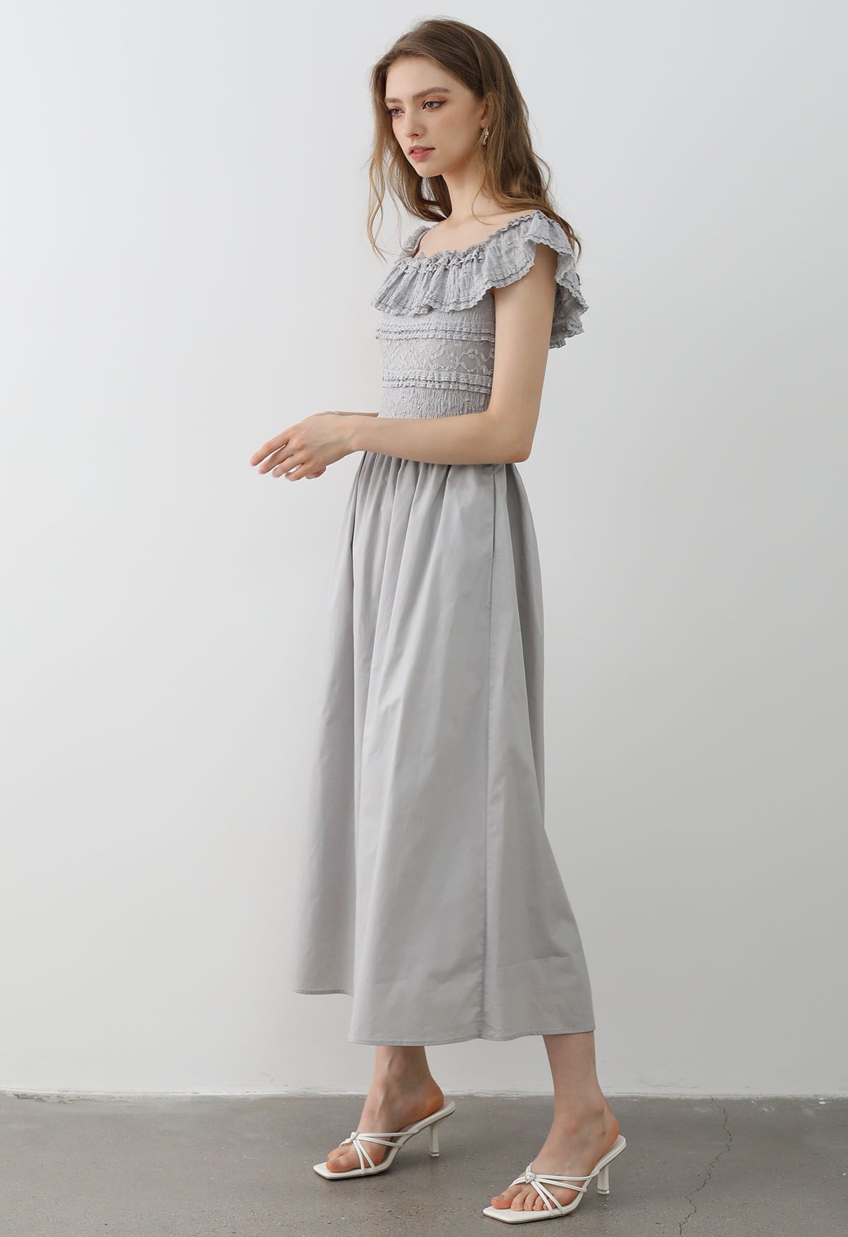 Tiered Lace Off-Shoulder Spliced Dress in Grey