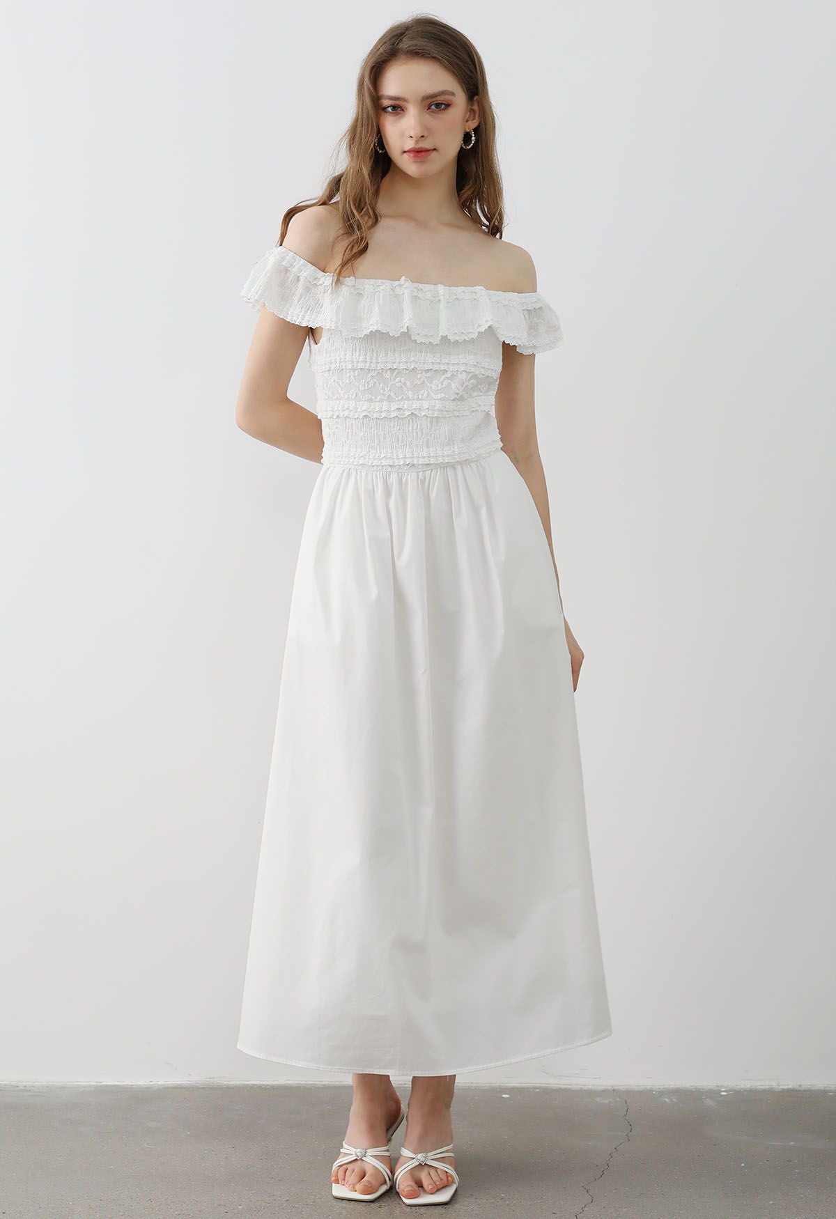 Tiered Lace Off-Shoulder Spliced Dress in White