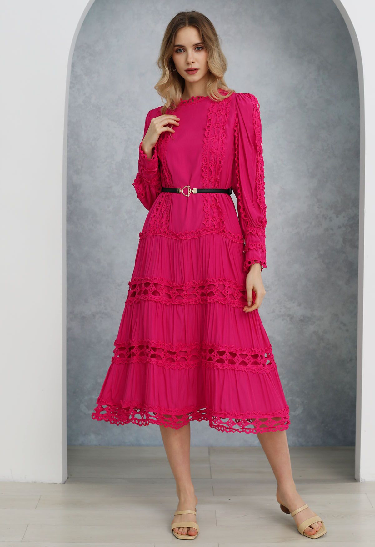 Belted Cutwork Lace Trim Bubble Sleeve Midi Dress in Magenta