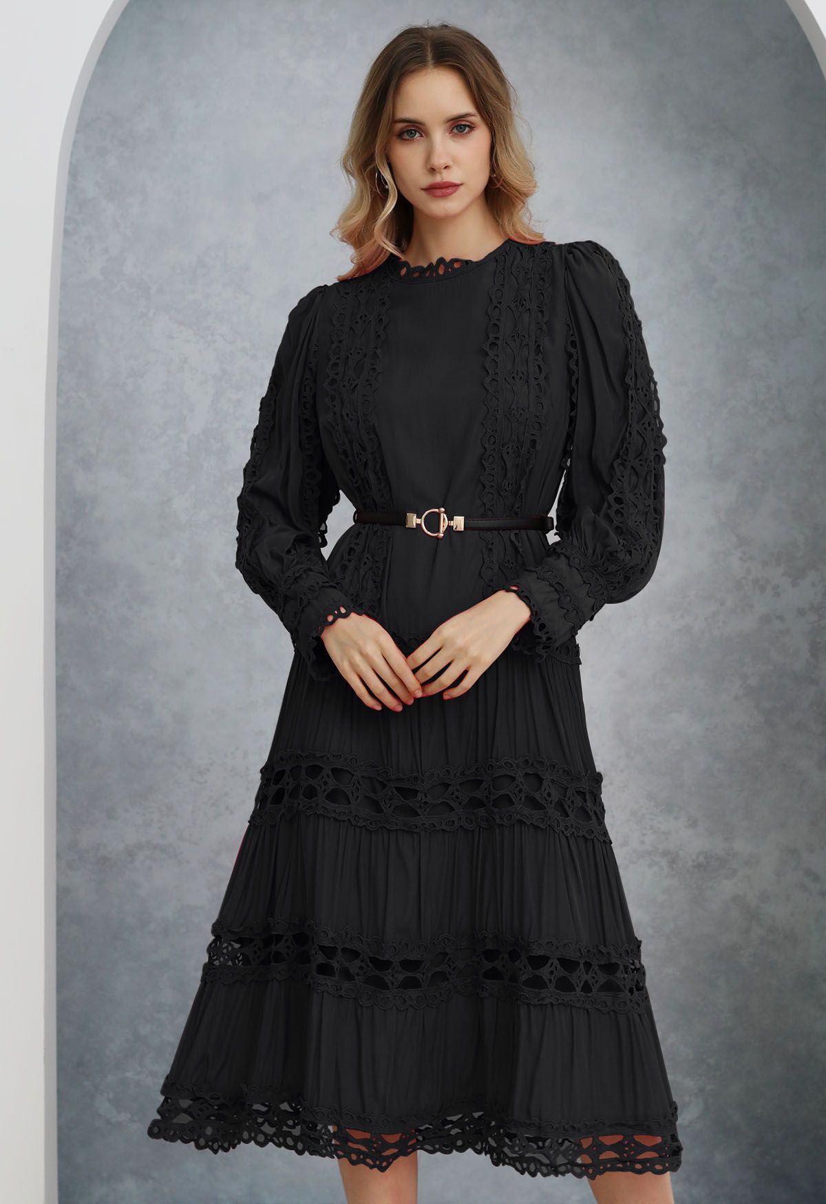 Belted Cutwork Lace Trim Bubble Sleeve Midi Dress in Black