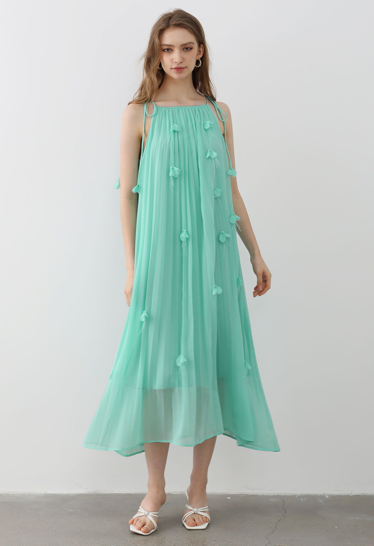 3D Floral Tie-Shoulder Chiffon Pleated Dress in Mint