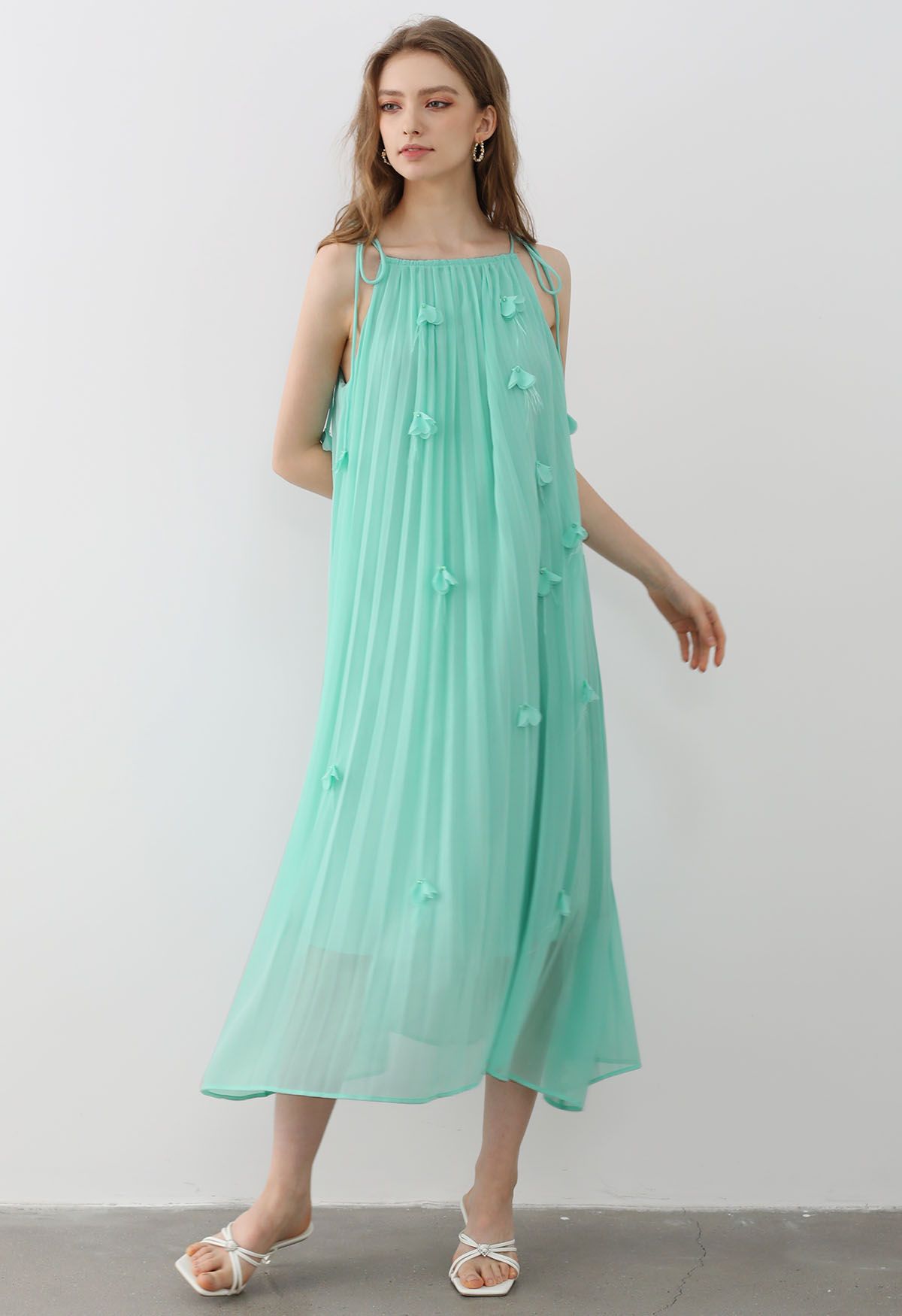 3D Floral Tie-Shoulder Chiffon Pleated Dress in Mint