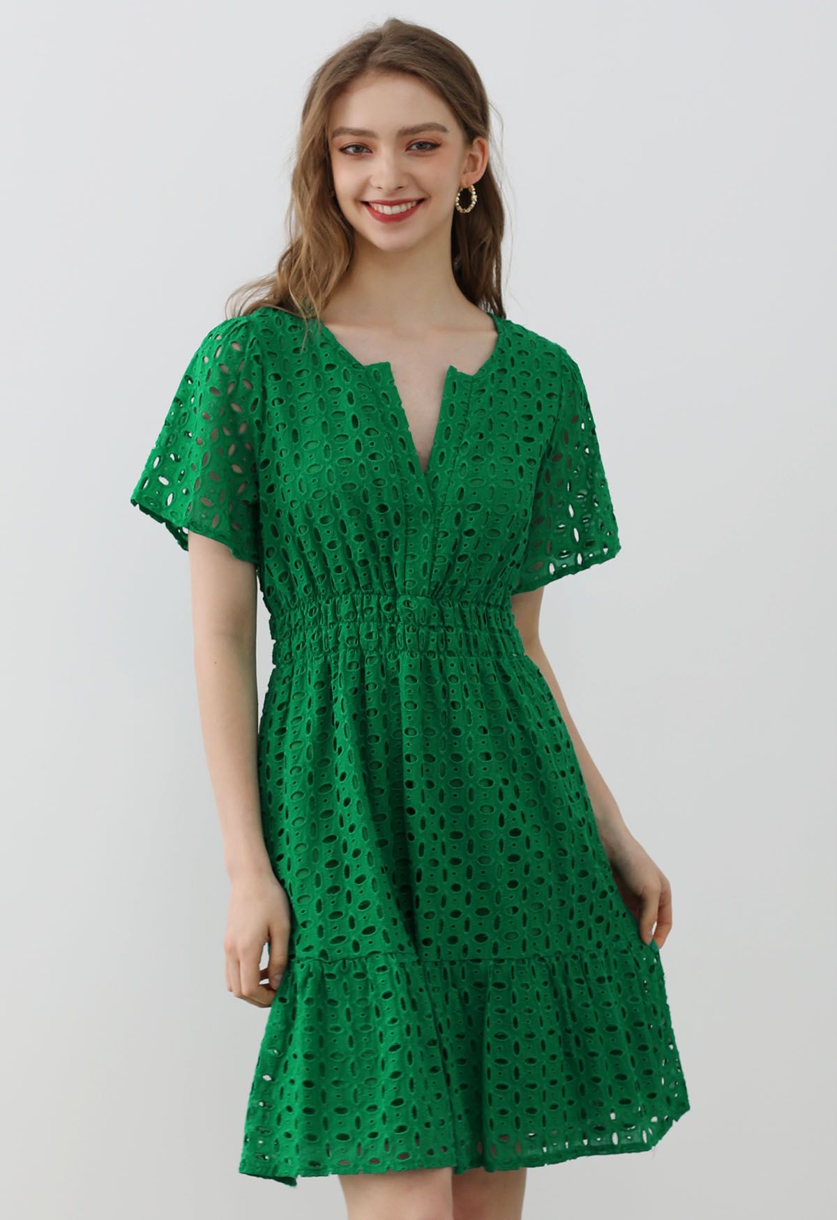Eyelet Embroidery V-Neck Cotton Dress in Green
