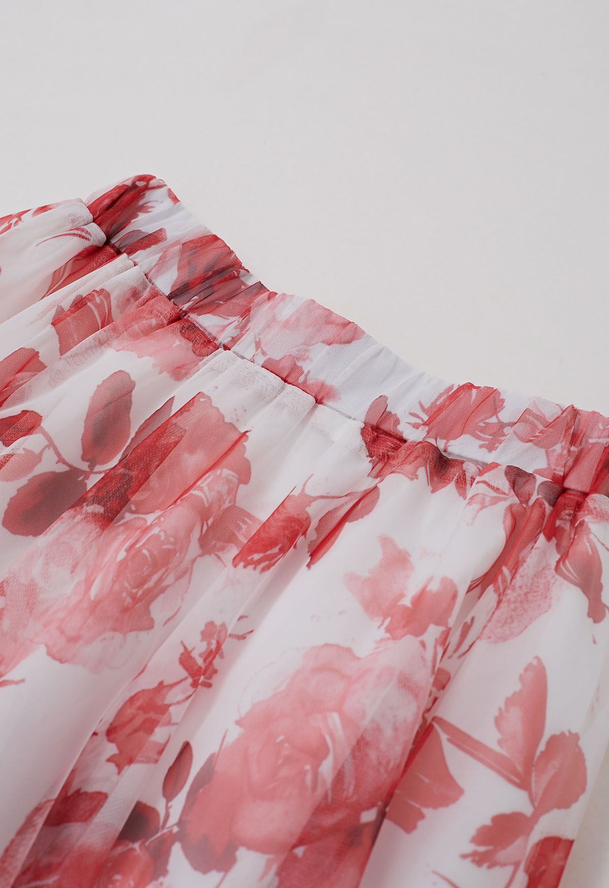 Flourishing Red Floral Mesh Tulle Midi Skirt