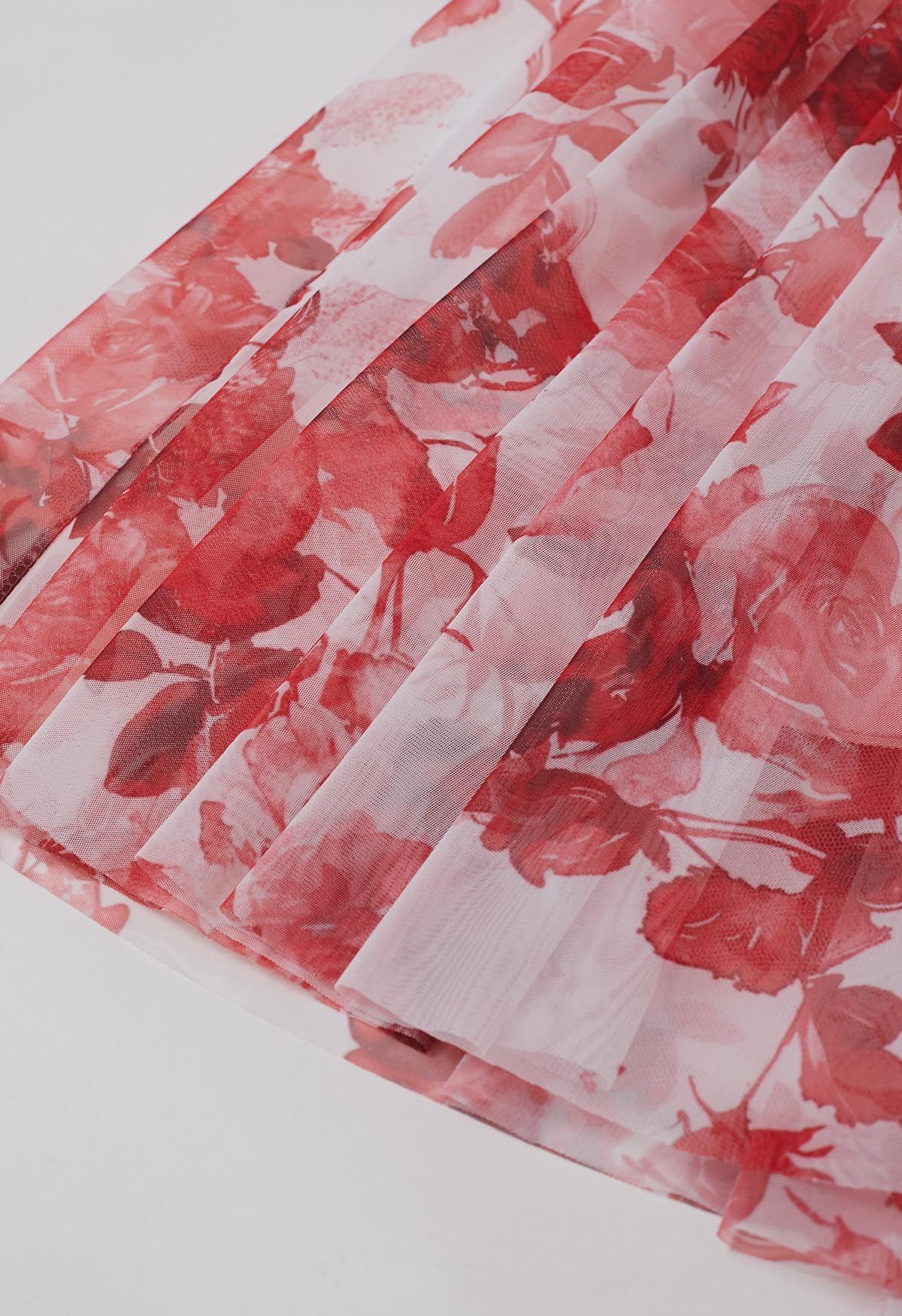 Flourishing Red Floral Mesh Tulle Midi Skirt