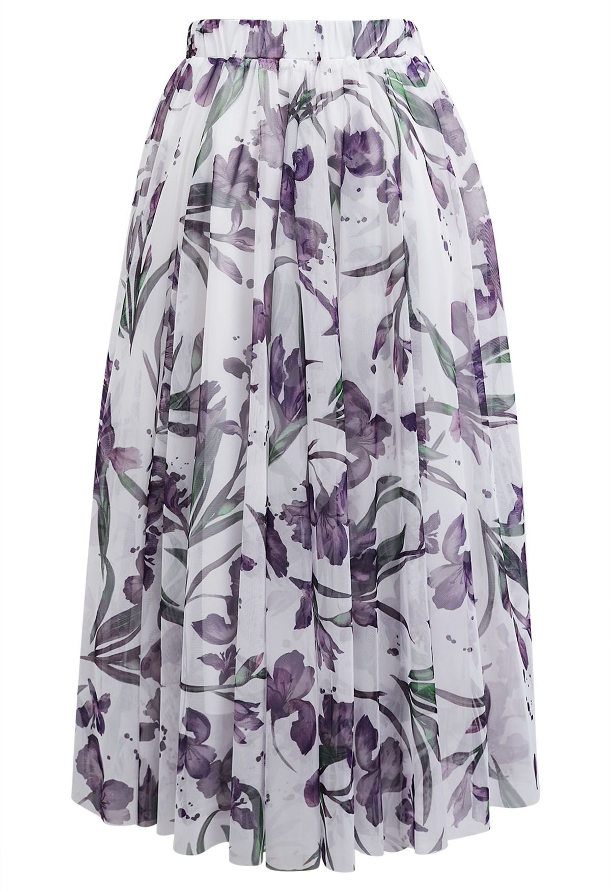 Purple Floral Printed Mesh Tulle Midi Skirt