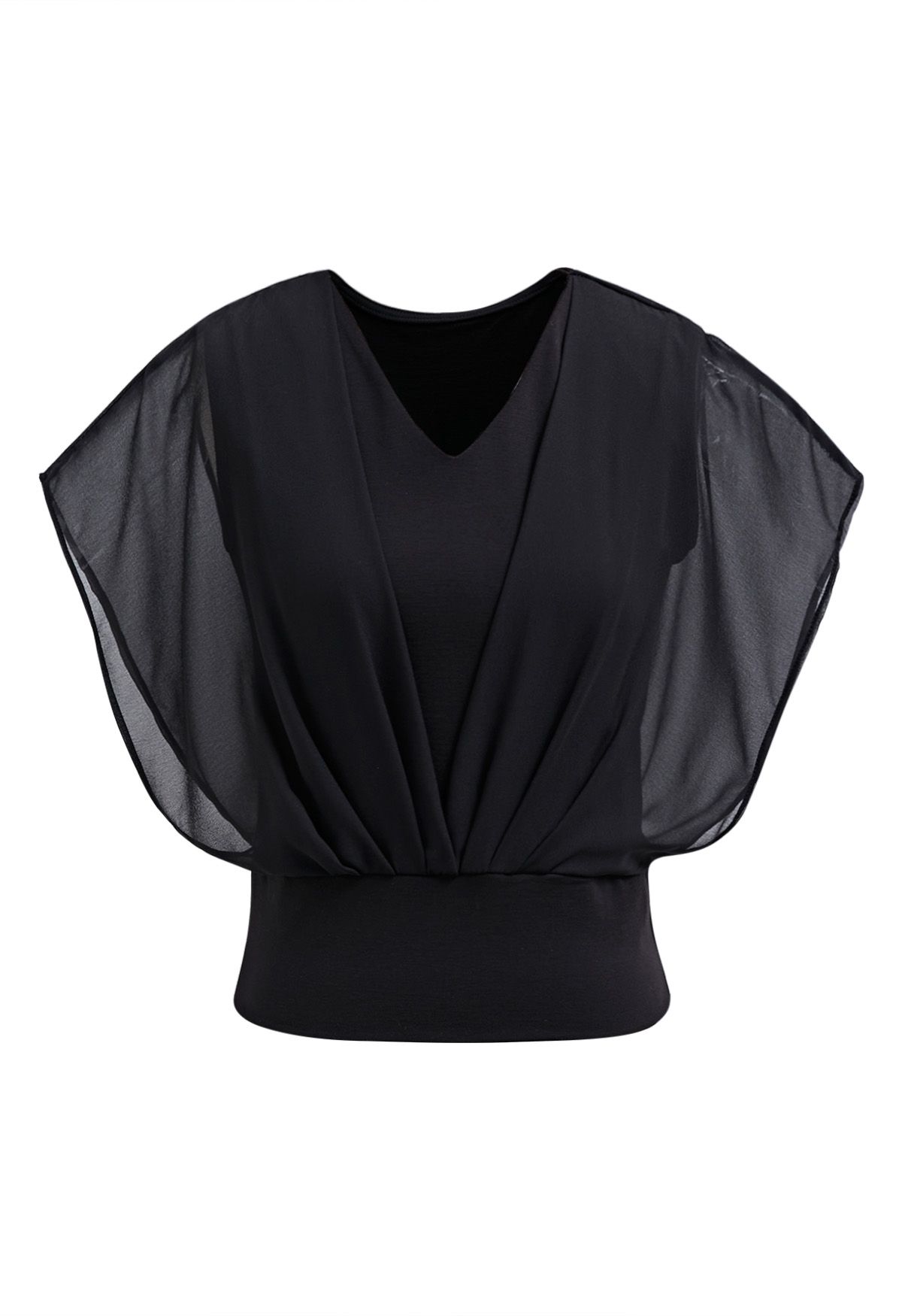 Flowy Chiffon Spliced V Neck Crop Top in Black Retro Indie and Unique Fashion