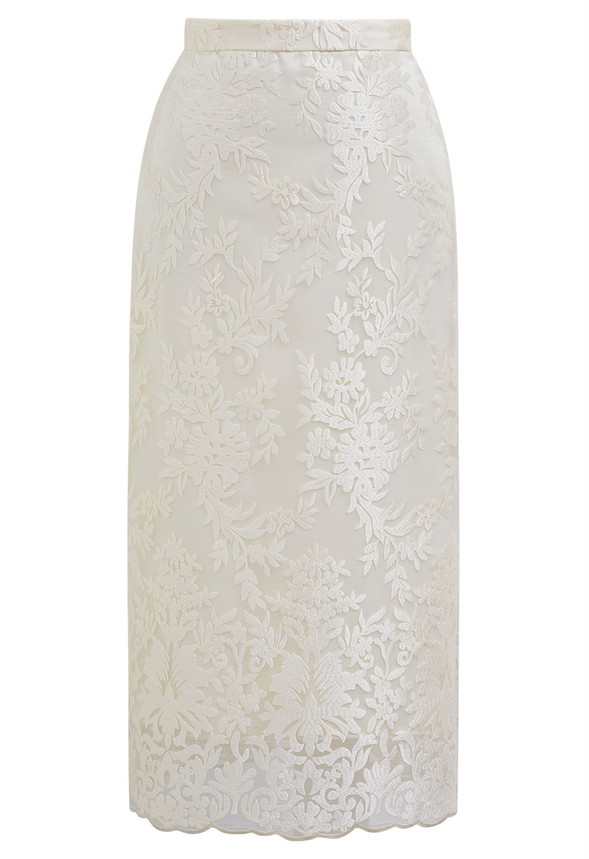 Embroidered Floral Slit Back Midi Skirt in Cream