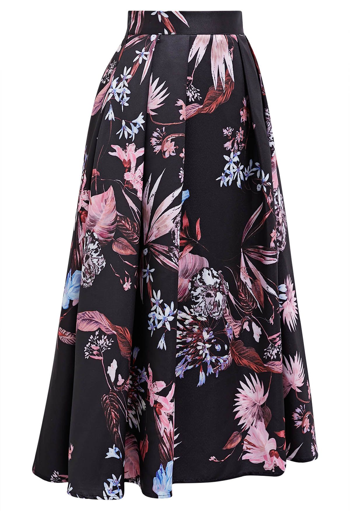 Inviting Floral Box Pleat Flare Midi Skirt