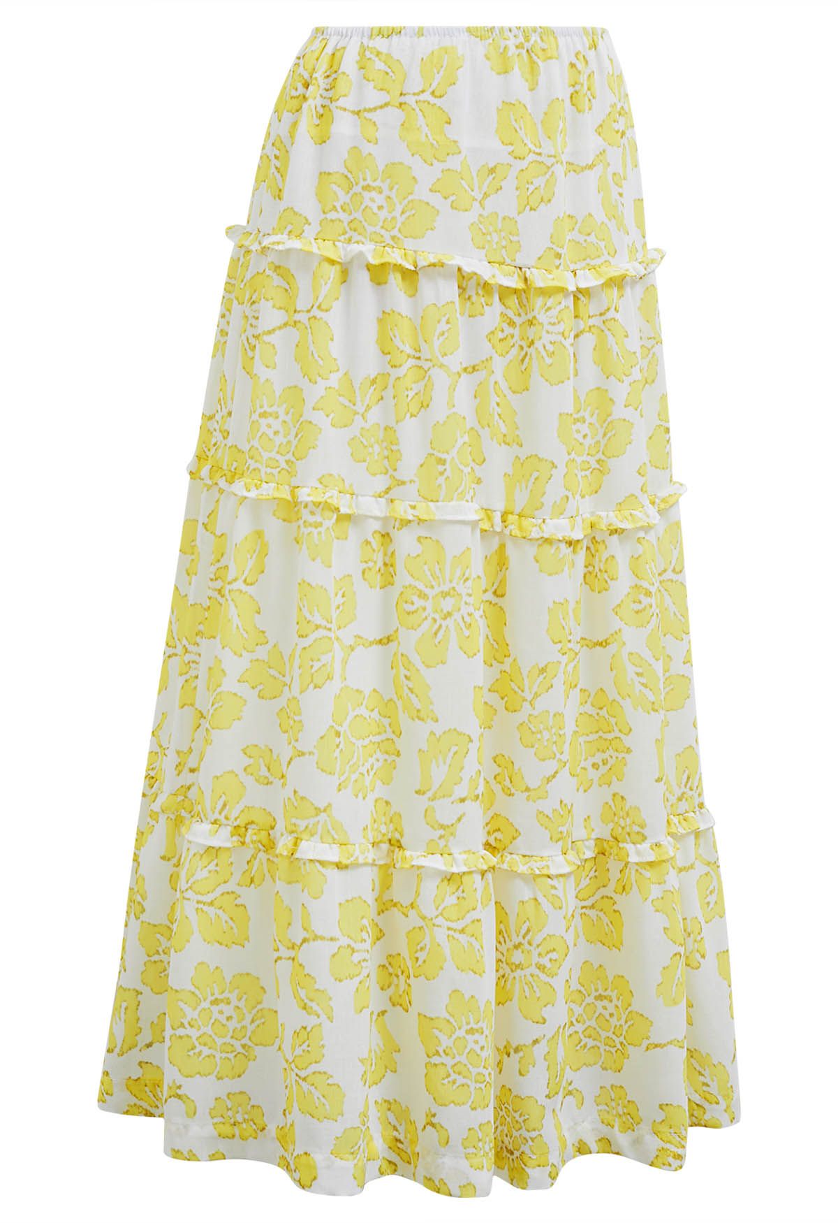 Sunny Blooms Ruffle Trim A-Line Skirt in Yellow