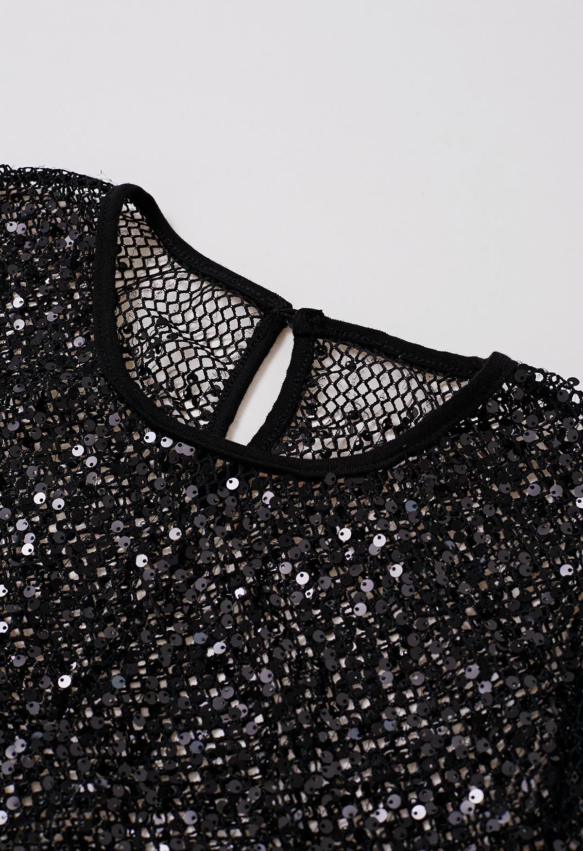 Dazzling Sequin Fishnet Short Sleeve Top in Black