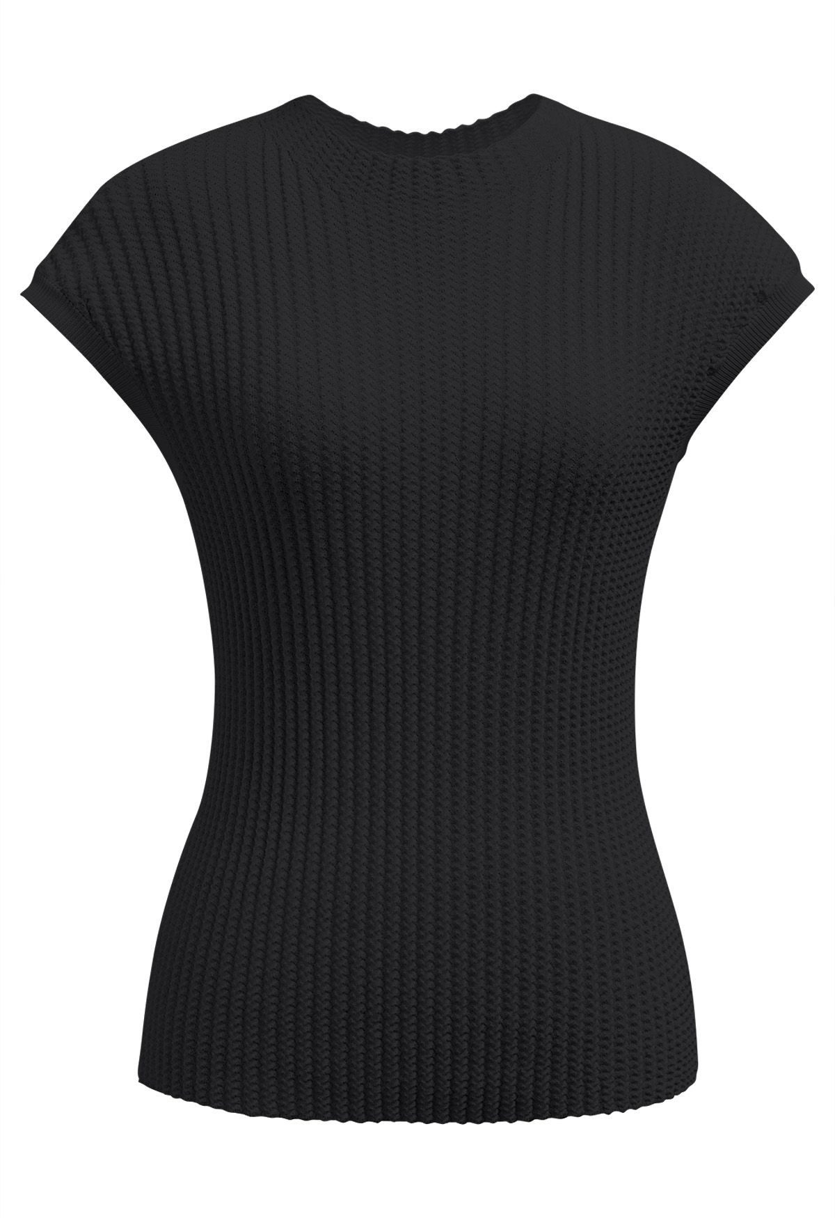 Ribbed Texture Cap Sleeves Top in Black