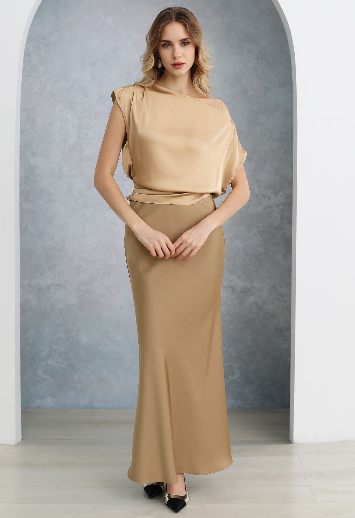 Satin Finish Mermaid Maxi Skirt in Gold